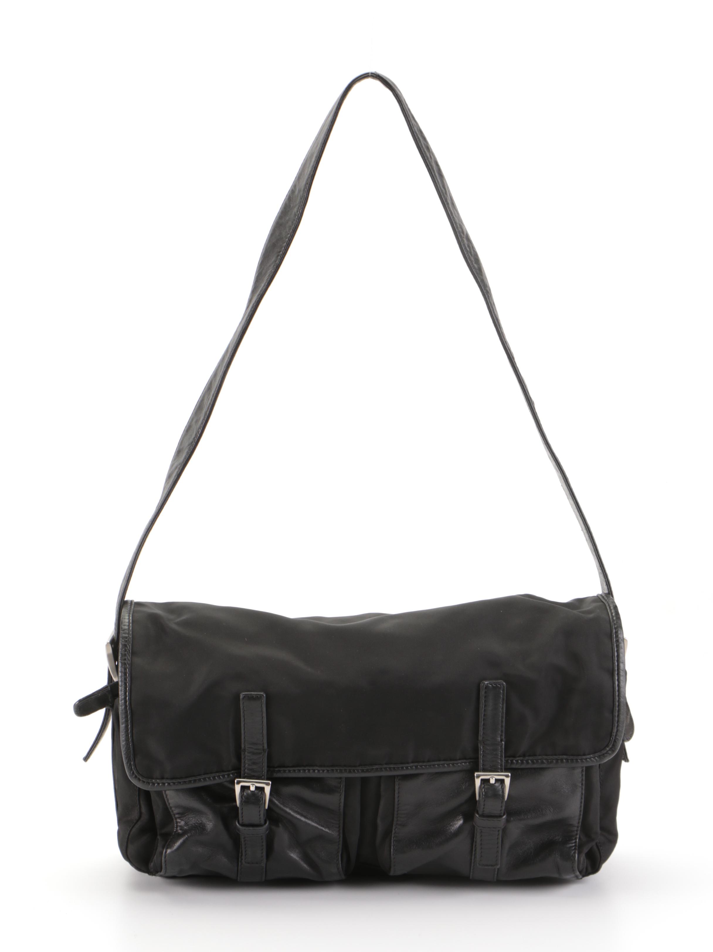 Prada Two-Pocket Flap Shoulder Bag in Black Tessuto Nylon and Lambskin