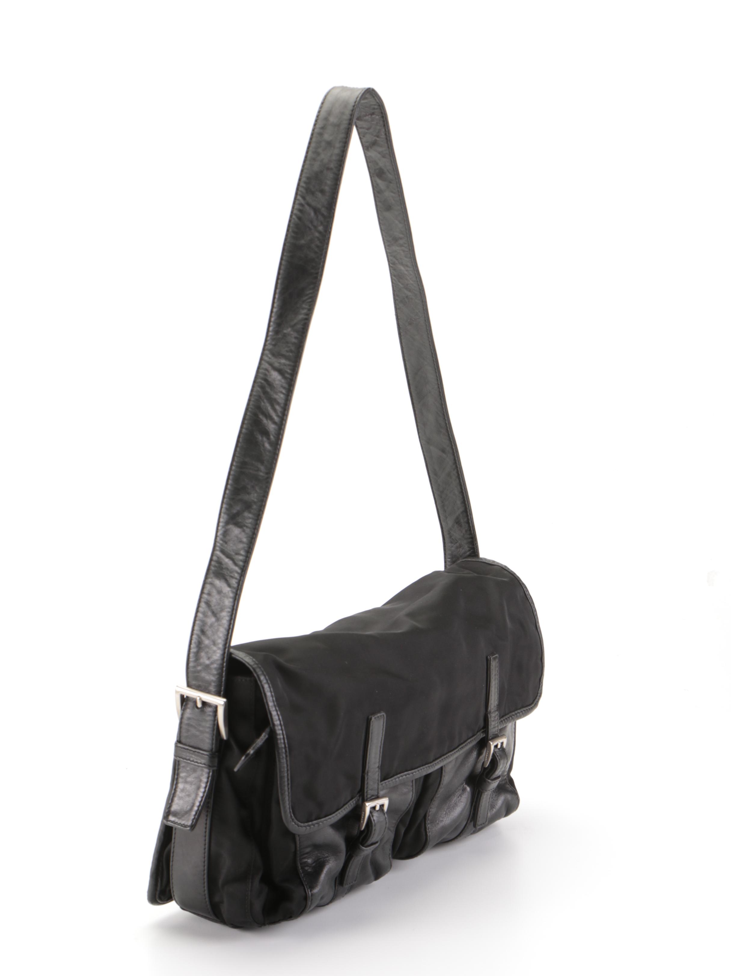 Prada Two-Pocket Flap Shoulder Bag in Black Tessuto Nylon and Lambskin