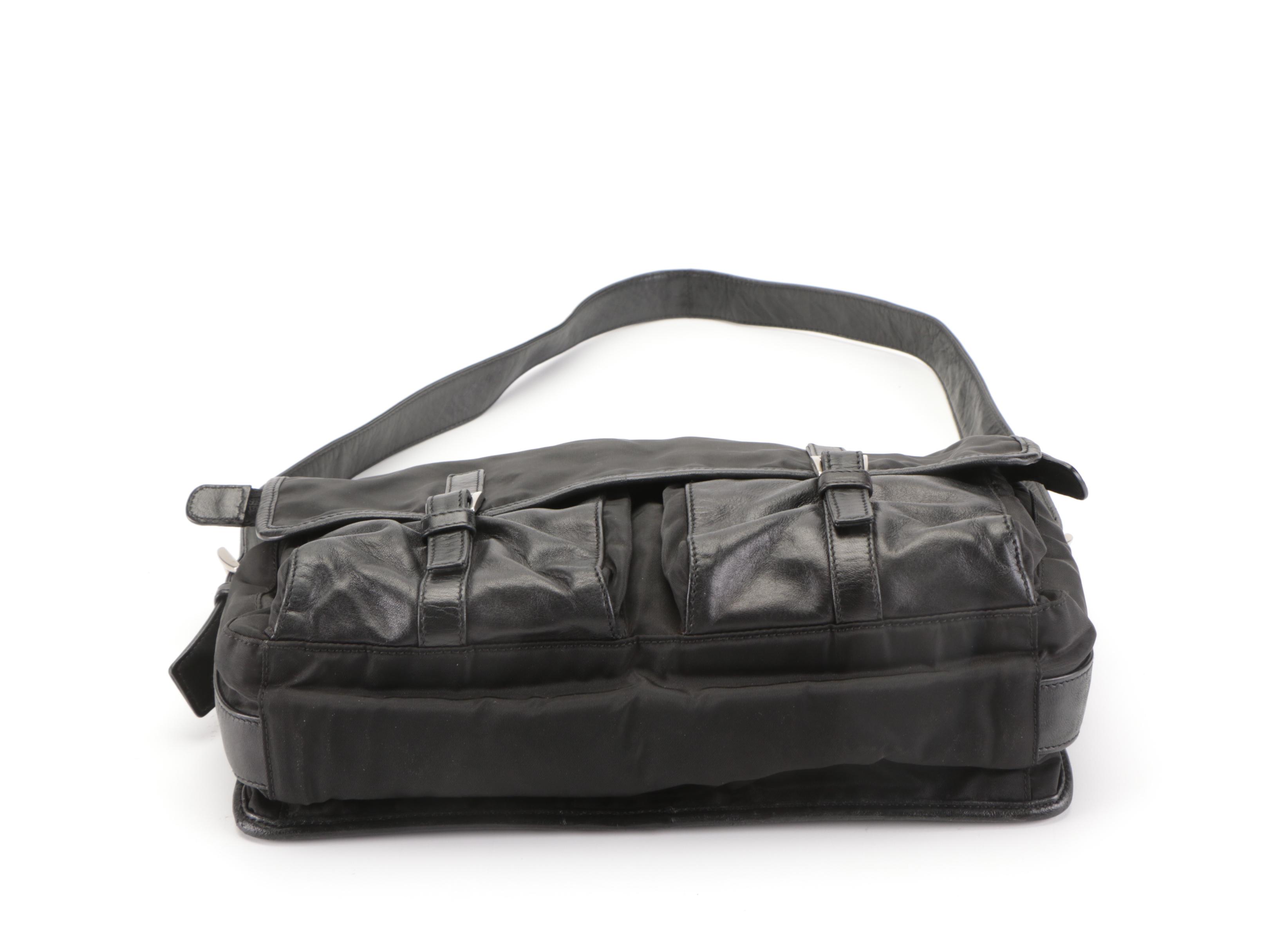 Prada Two-Pocket Flap Shoulder Bag in Black Tessuto Nylon and Lambskin
