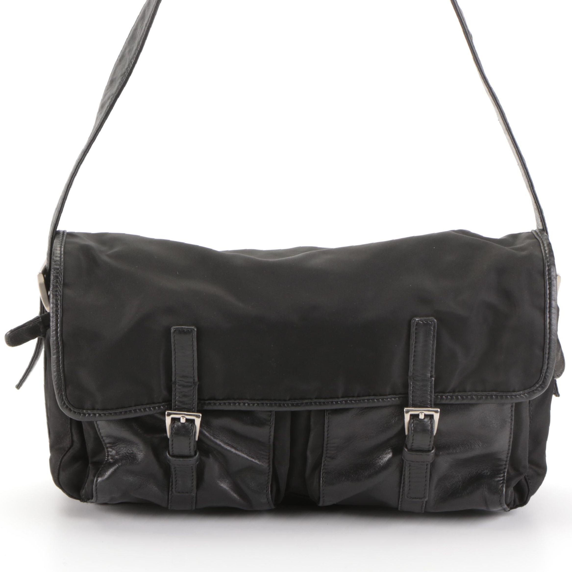 Prada Two-Pocket Flap Shoulder Bag in Black Tessuto Nylon and Lambskin