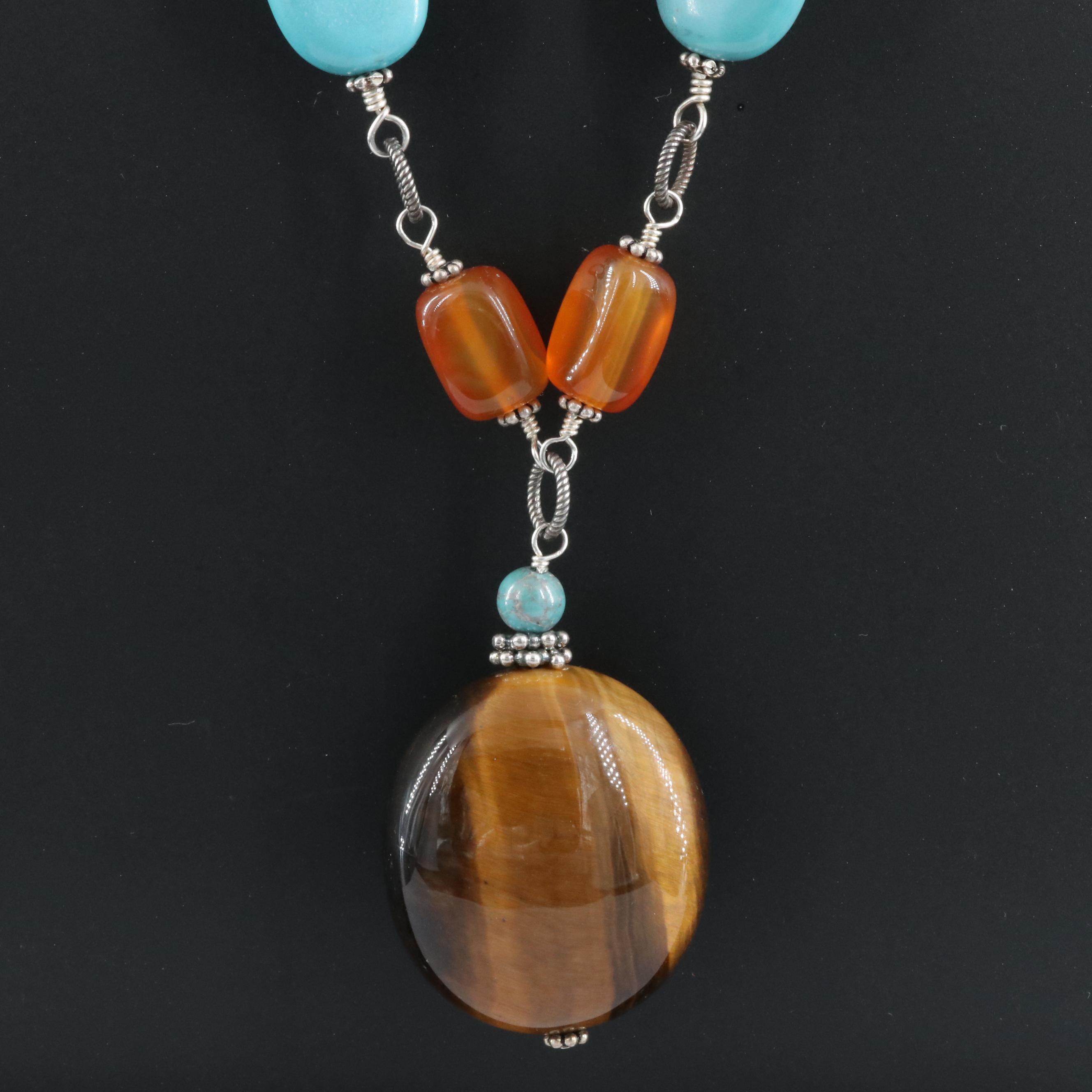 Sterling Necklace with Tiger's Eye, Sodalite and Carnelian
