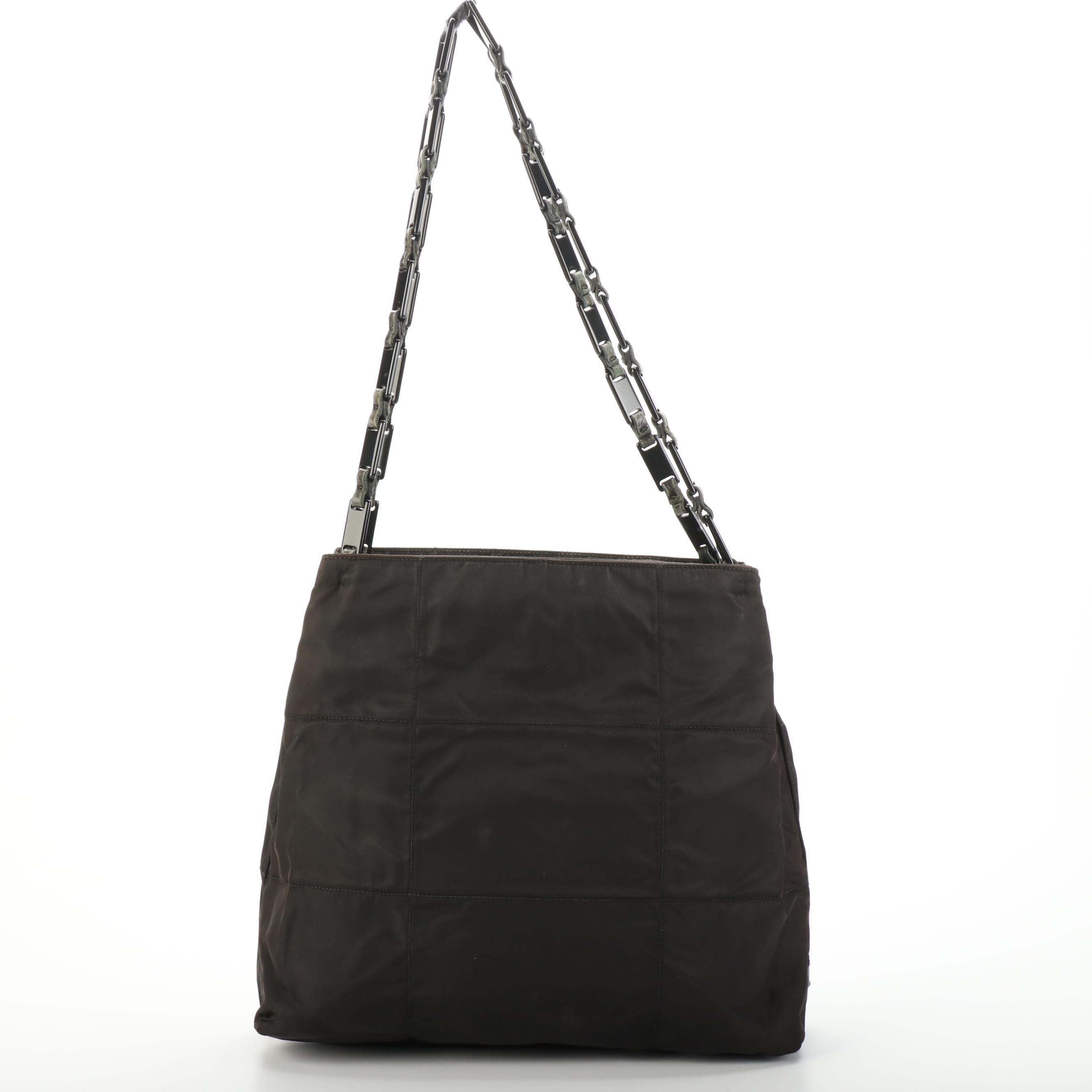 Prada Tote Bag in Black Quilted Tessuto Nylon with Chain Link Handles