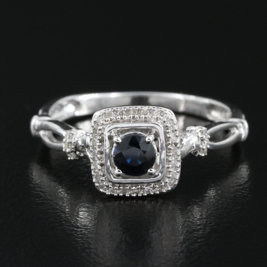 Sterling Sapphire and Diamond Halo Ring