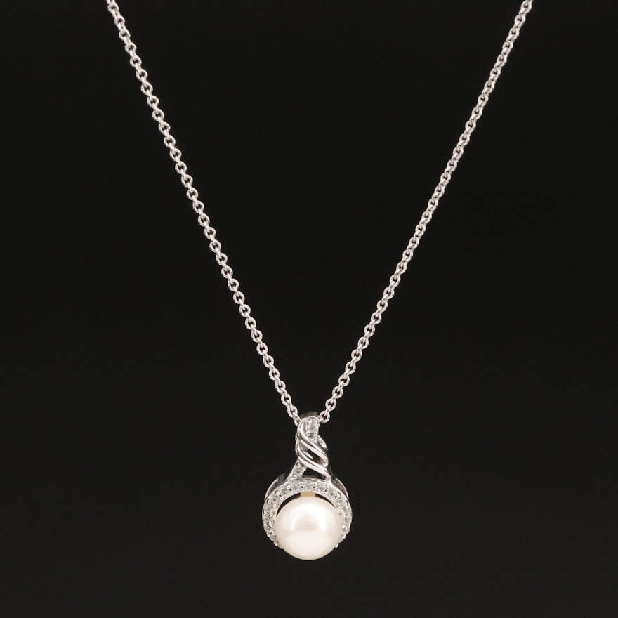 Sterling Pearl and Sapphire Halo Pendant Necklace