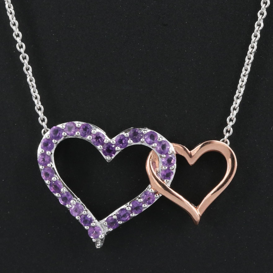 Sterling and Amethyst Two Hearts Necklace