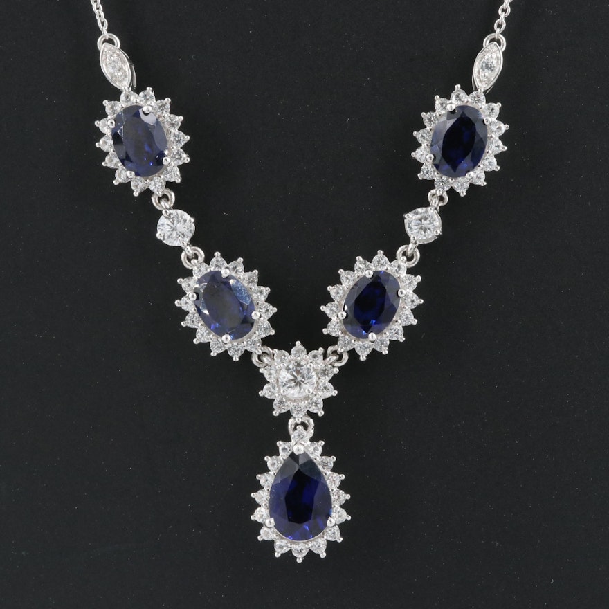 Sterling Sapphire Halo Drop Necklace