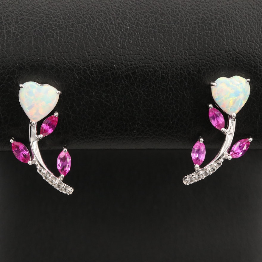 Sterling Opal, Ruby and Sapphire Stud Earrings