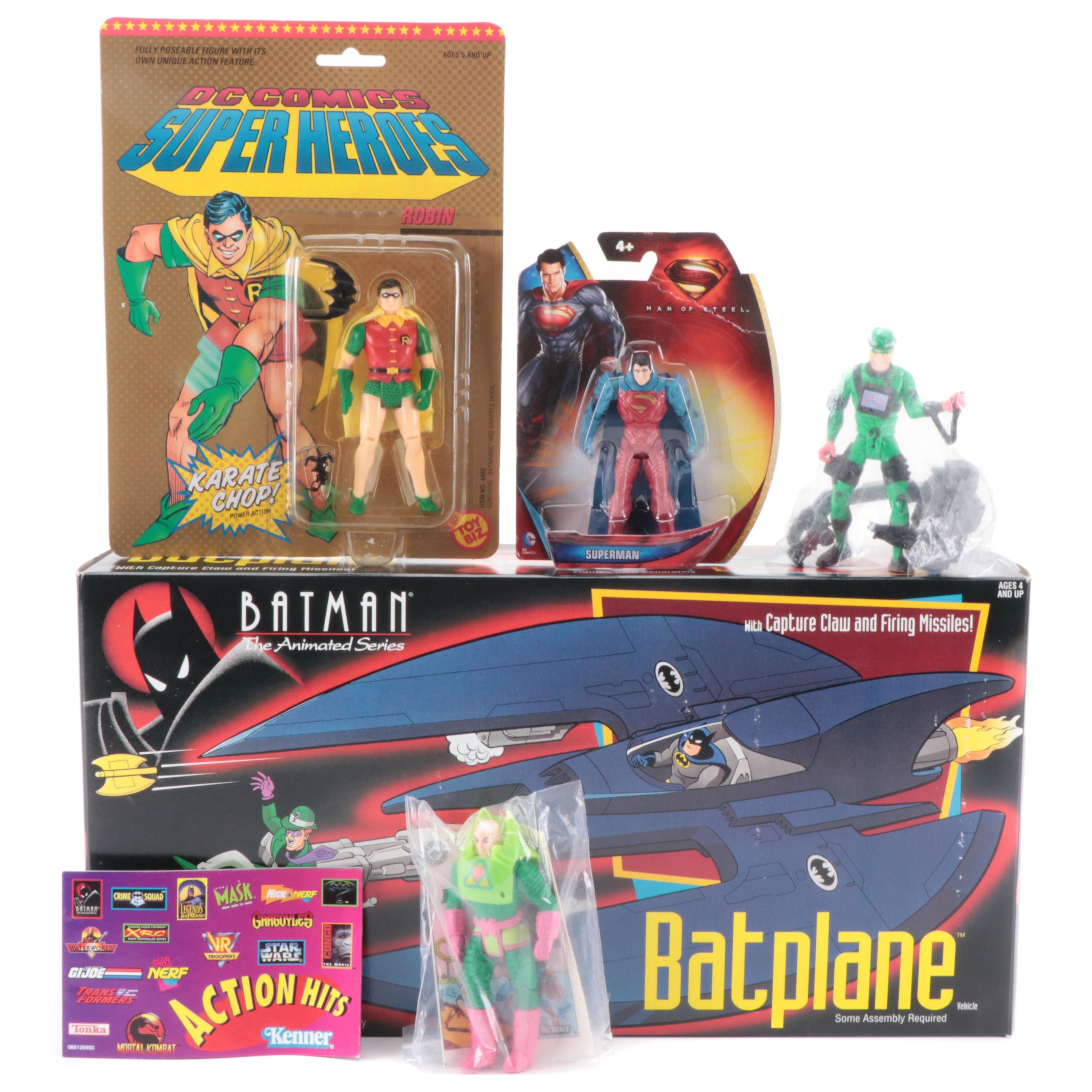 Kenner Batplane with DC Comics Robin and Superman Action Figures, More