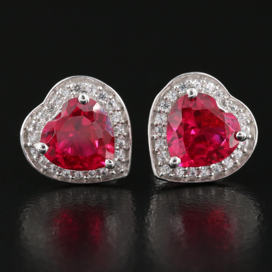 Sterling Sapphire and Ruby Halo Heart Stud Earrings