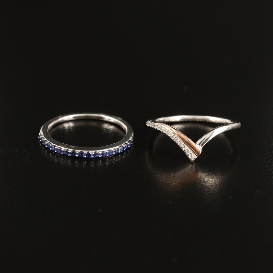 Sterling Sapphire Band and Chevron Ring with 10K Accent and Blue Sapphires