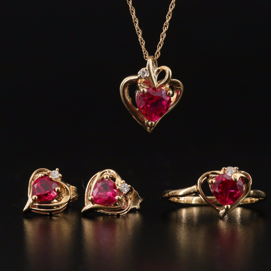 Sterling Ruby and Cubic Zirconia Heart Jewelry Set