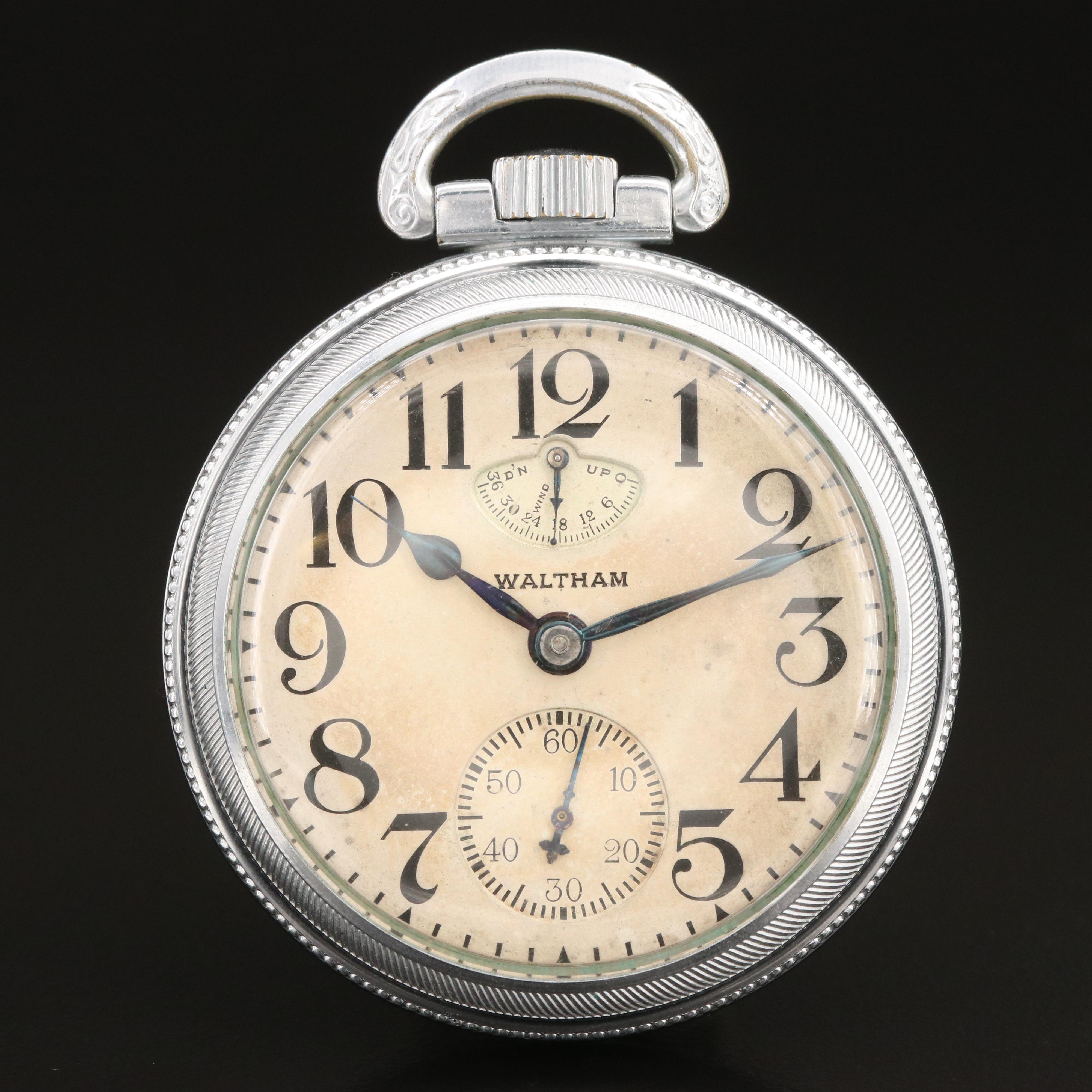 1907 Waltham Vanguard Up/Down Indicator Pocket Watch with Leather Belt Holder