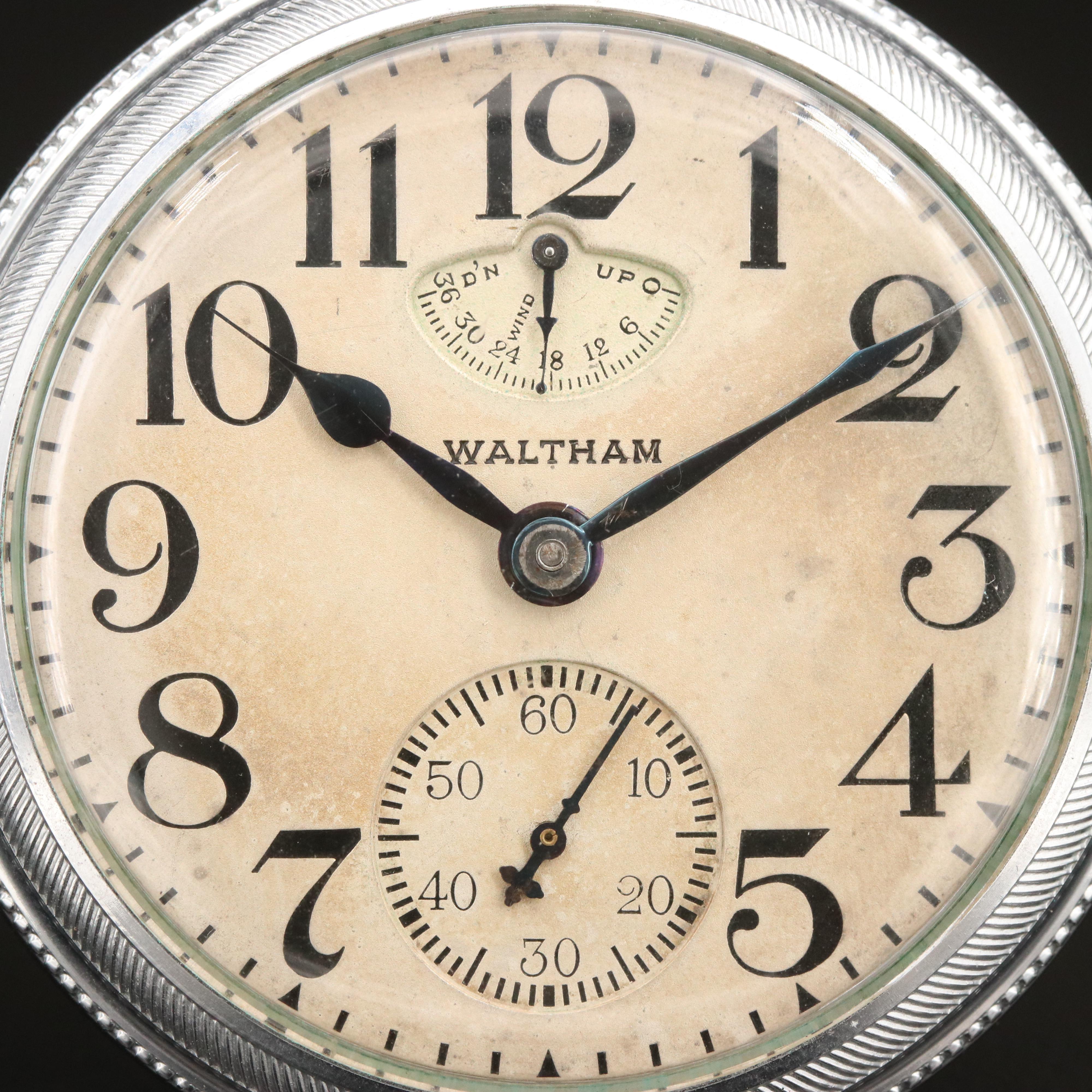 1907 Waltham Vanguard Up/Down Indicator Pocket Watch with Leather Belt Holder