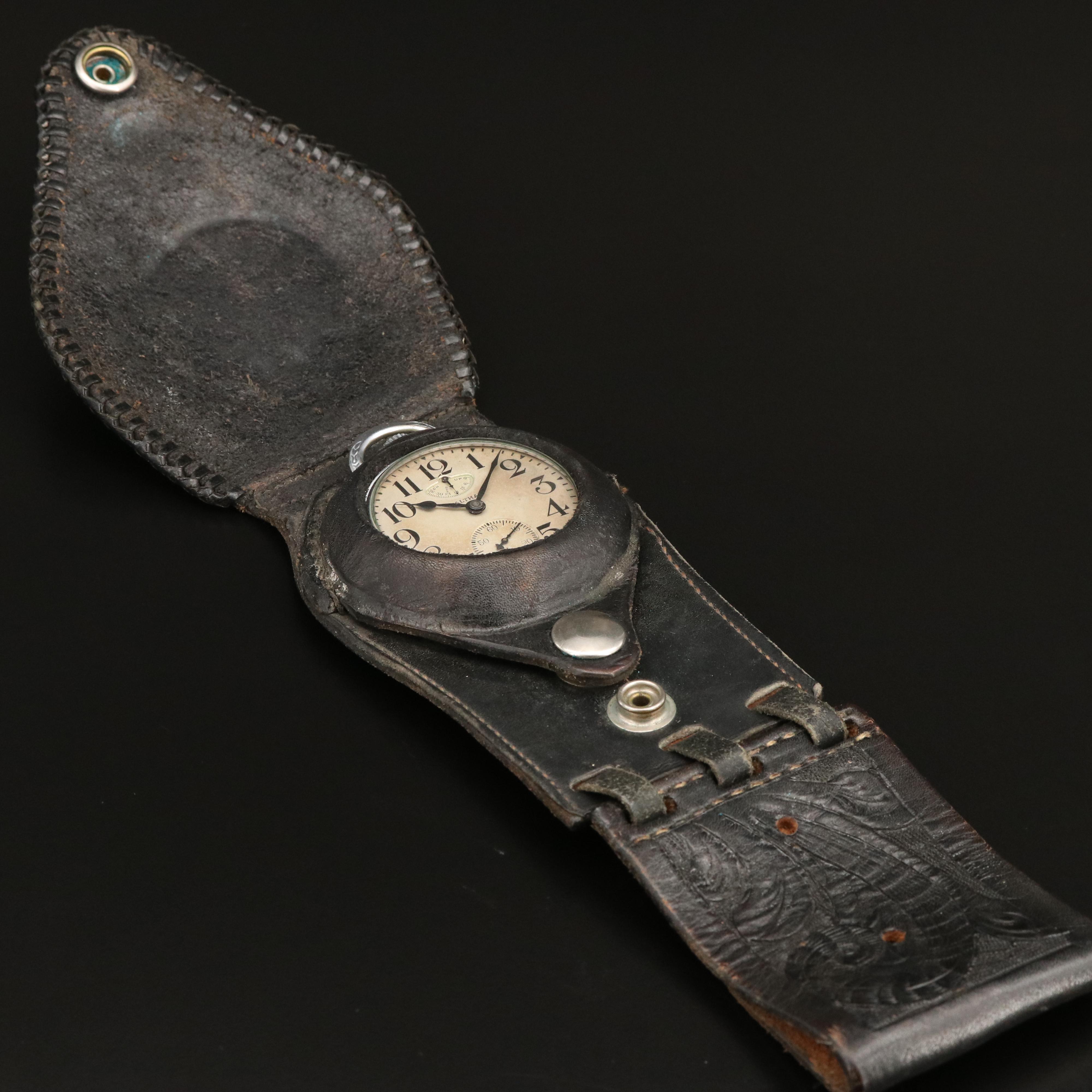 1907 Waltham Vanguard Up/Down Indicator Pocket Watch with Leather Belt Holder