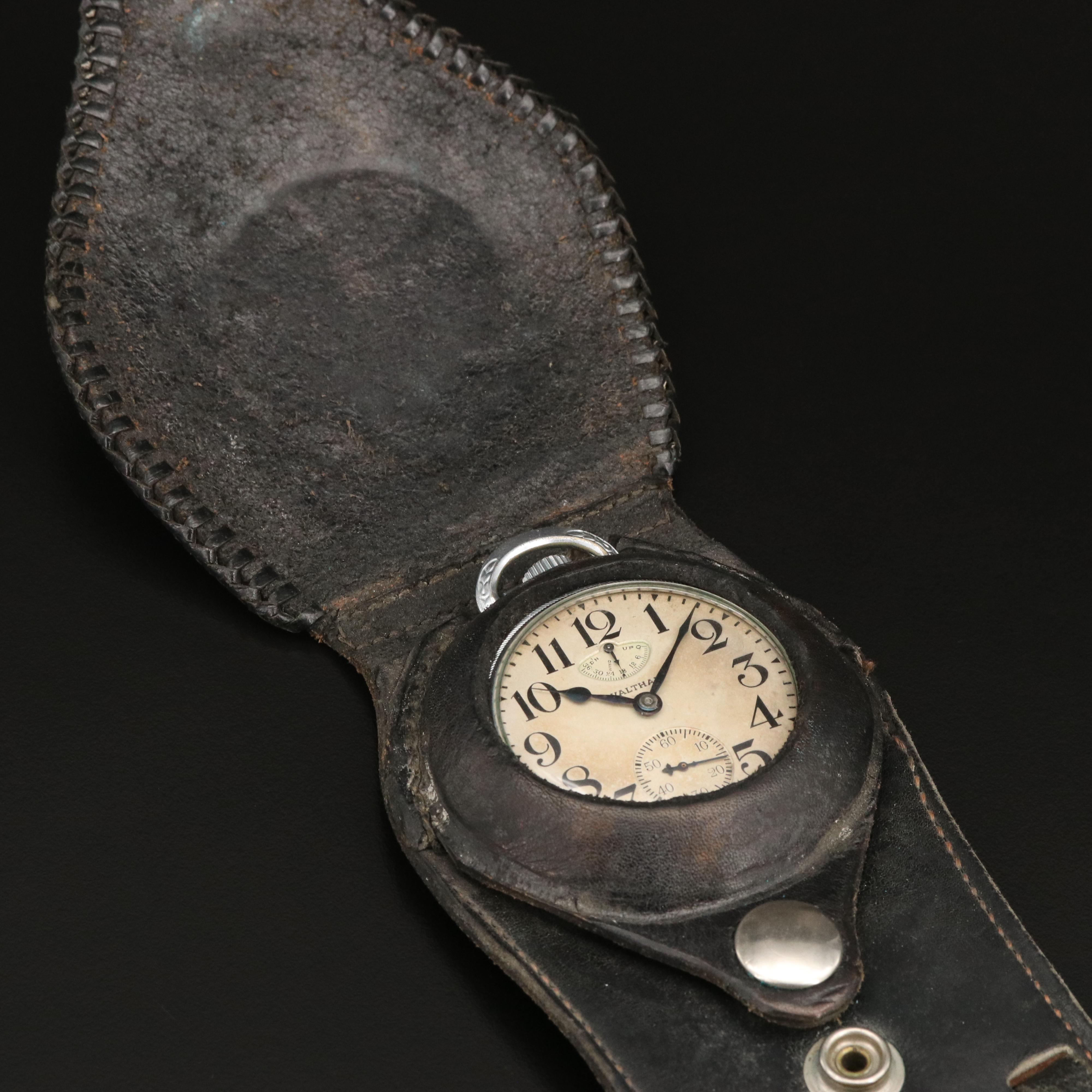 1907 Waltham Vanguard Up/Down Indicator Pocket Watch with Leather Belt Holder