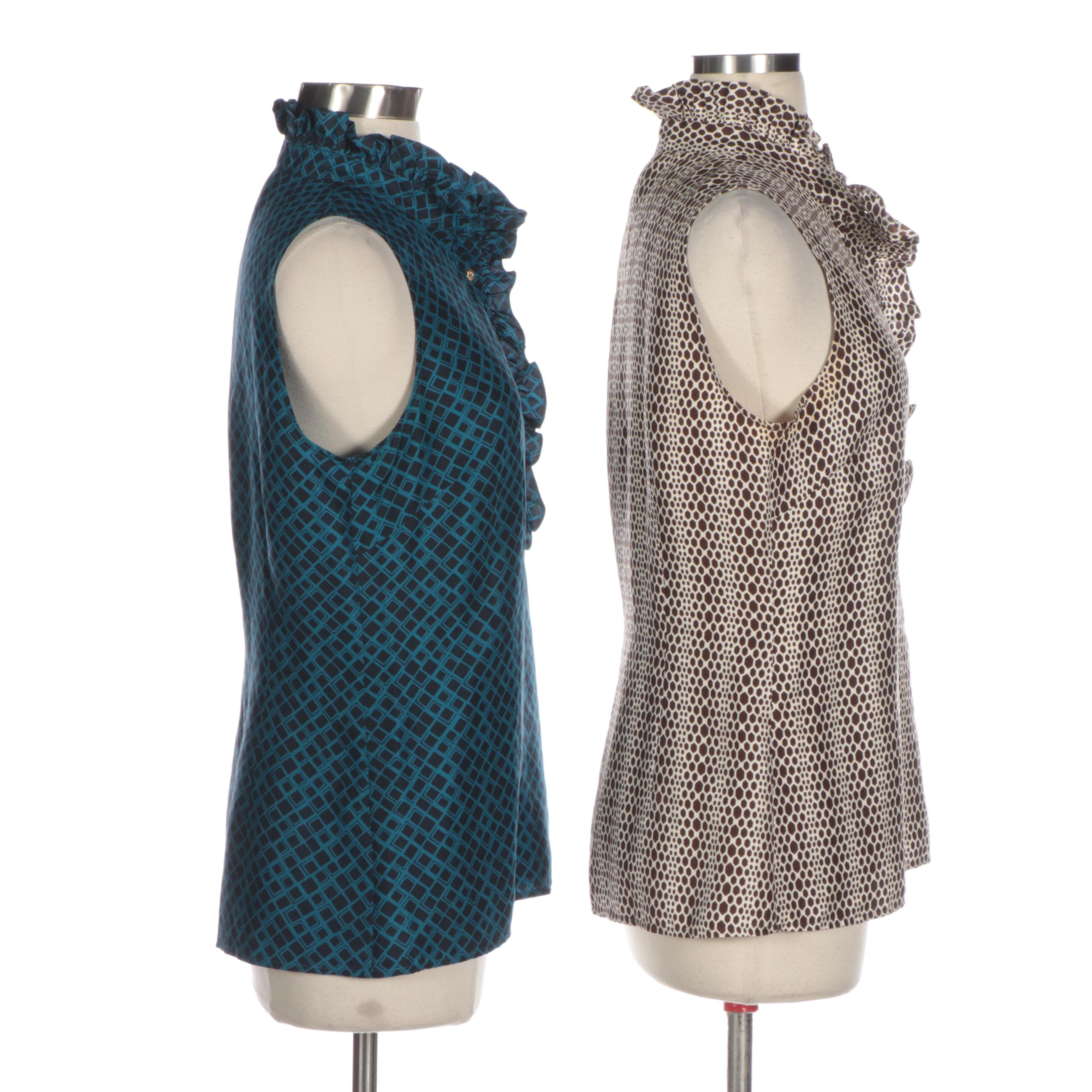 Tory Burch Printed Patterned Silk Sleeveless Blouses with Ruffles