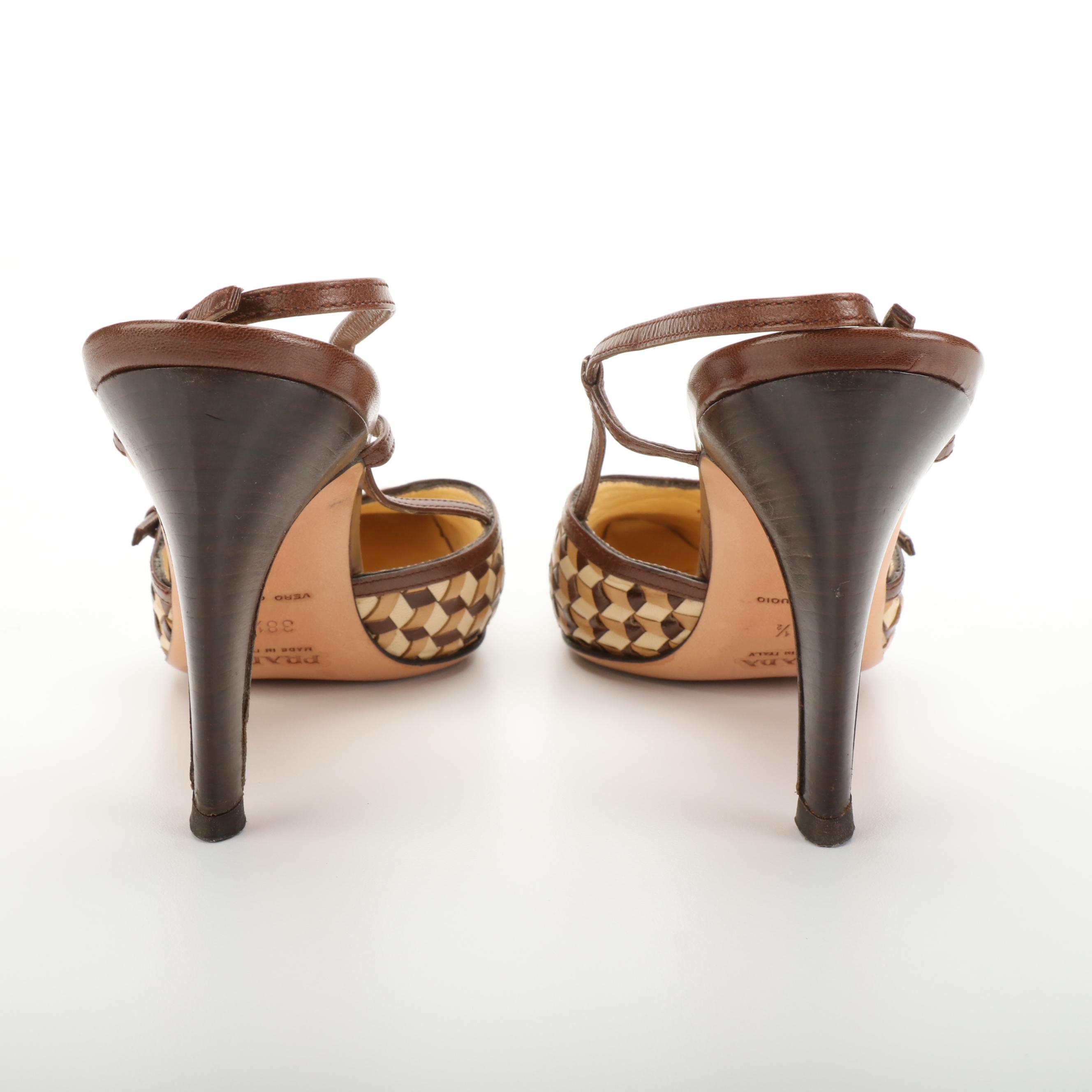 Prada Pointed Square Toe Slingbacks in Brown and Tan Geometric Pattern Leather