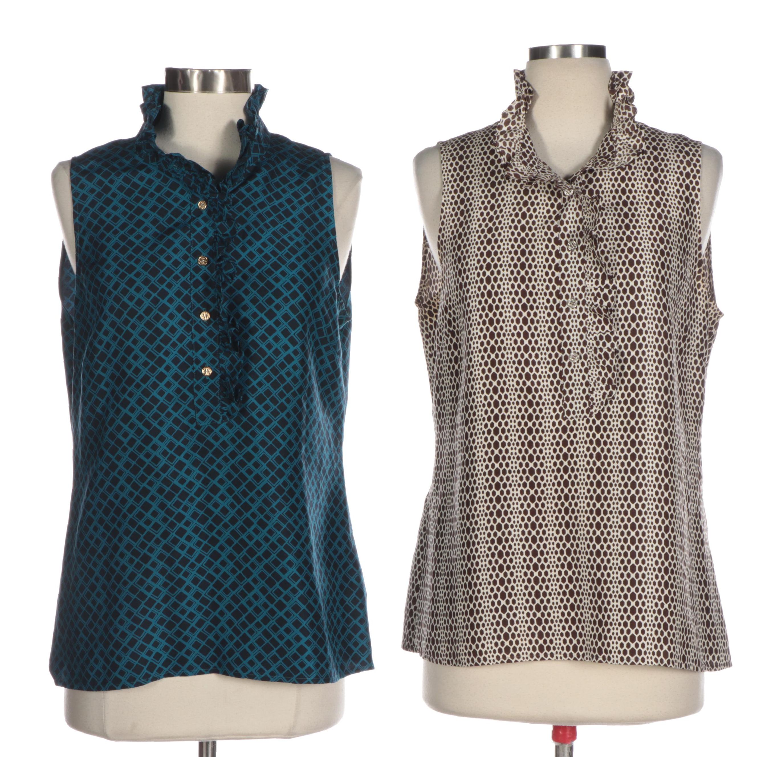 Tory Burch Printed Patterned Silk Sleeveless Blouses with Ruffles