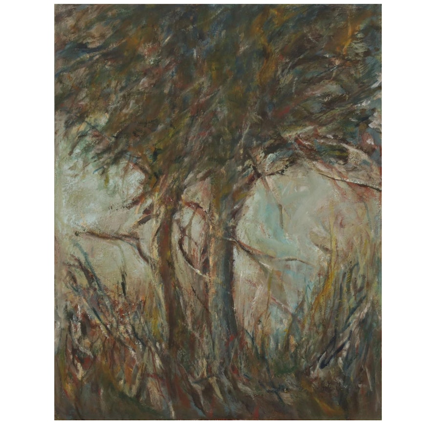 Chien Ming Su Oil Painting of Trees in Tall Grass, Circa 2000