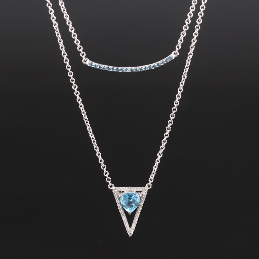 Sterling Bar and Triangle Layered Necklace with Topaz and Sapphire