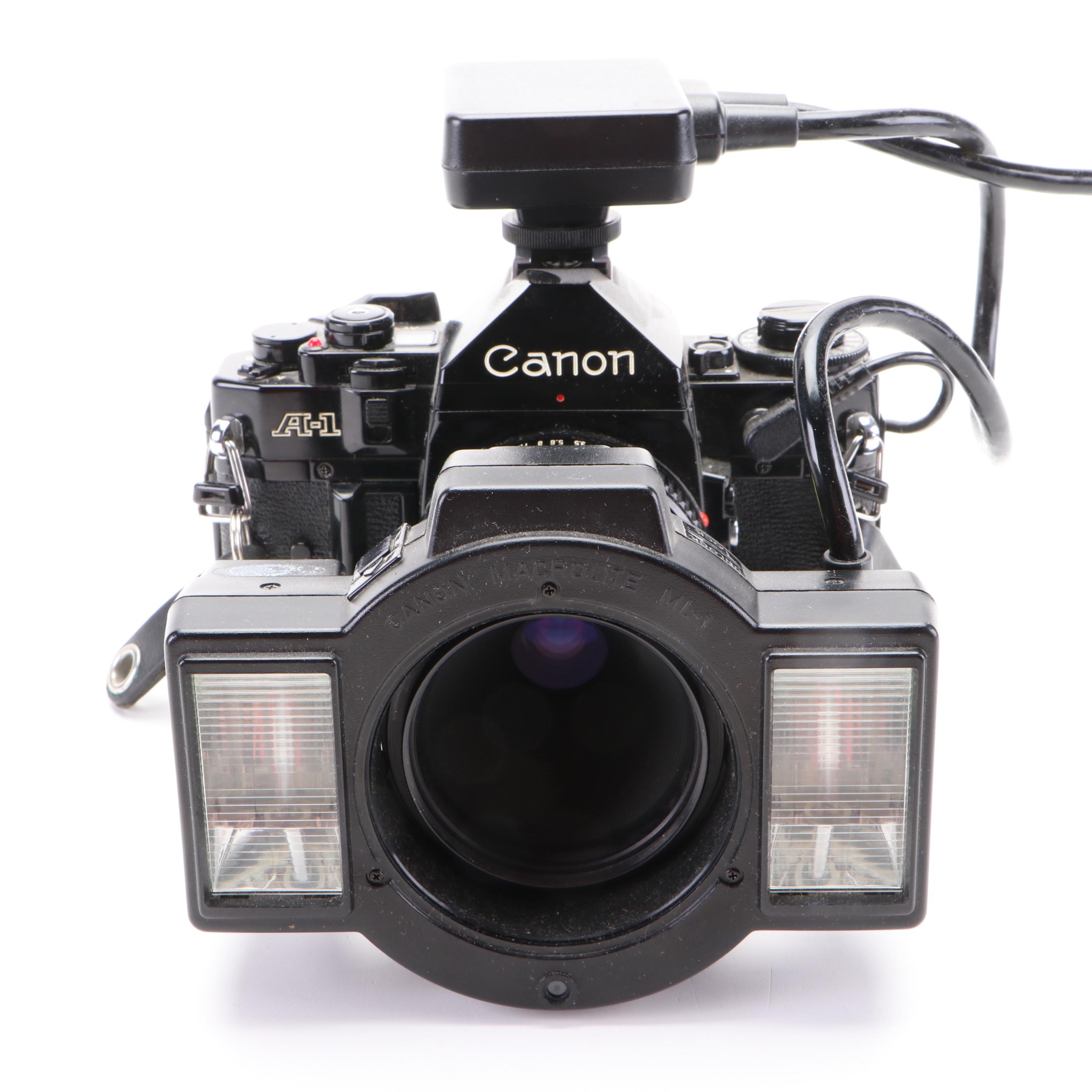 Canon AE-1, Macrolite ML-1 Light, FD 50mm Macro Lens and Other Accessories