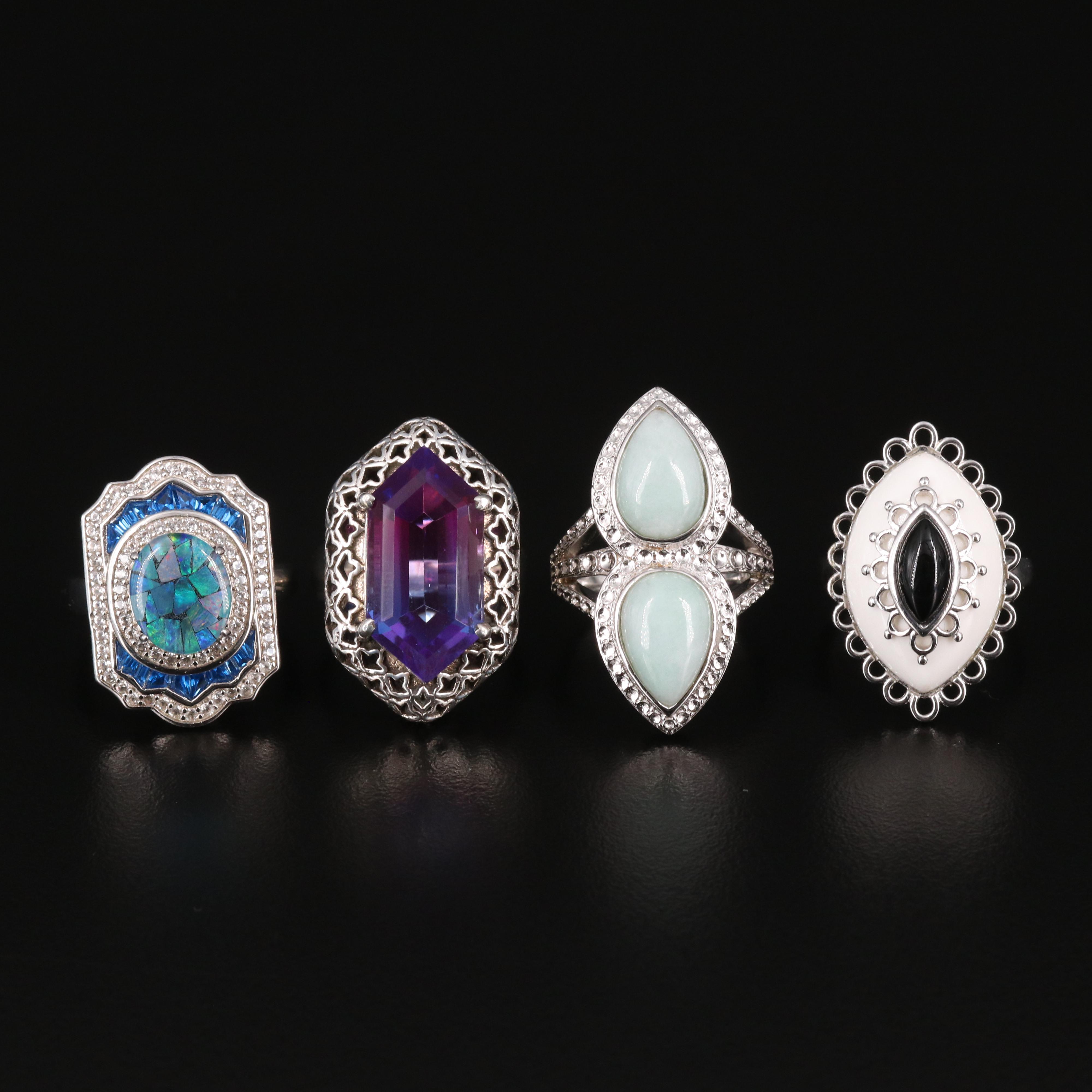 Sterling Agate, Jadeite and Quartz Doublet Rings