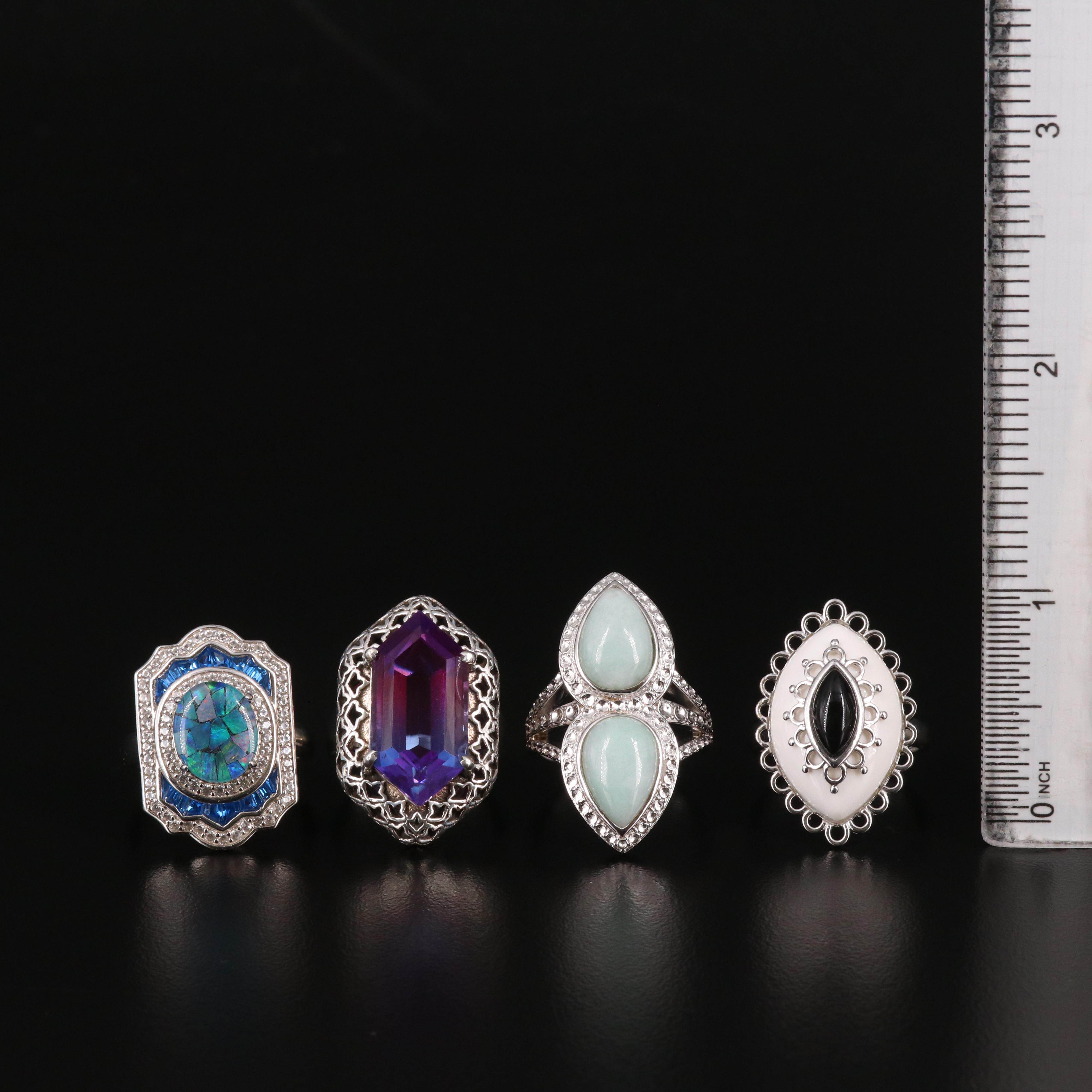 Sterling Agate, Jadeite and Quartz Doublet Rings