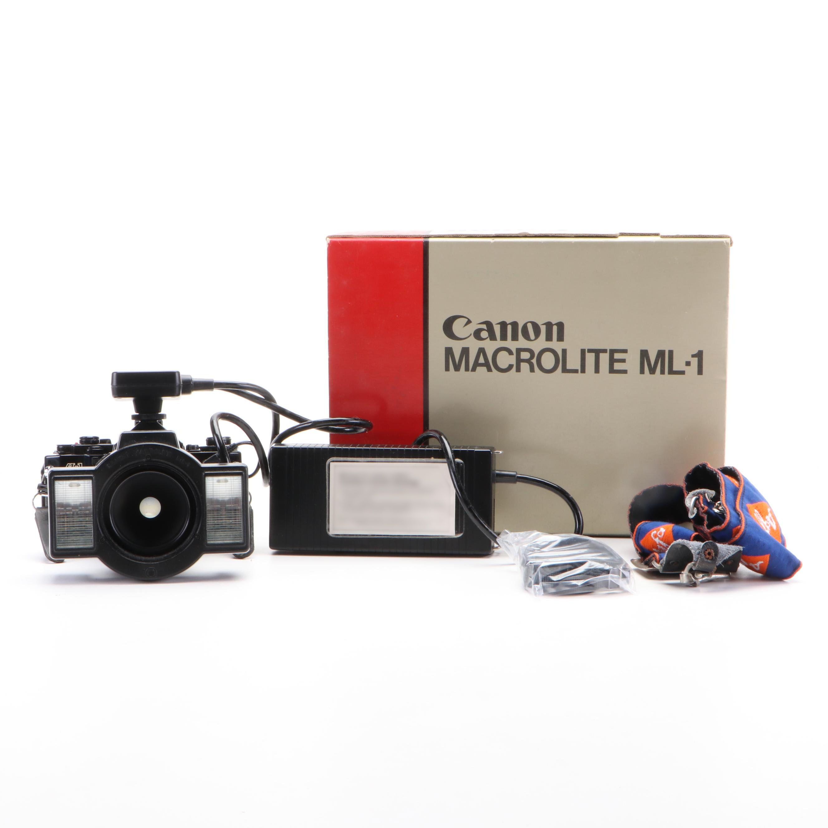 Canon AE-1, Macrolite ML-1 Light, FD 50mm Macro Lens and Other Accessories