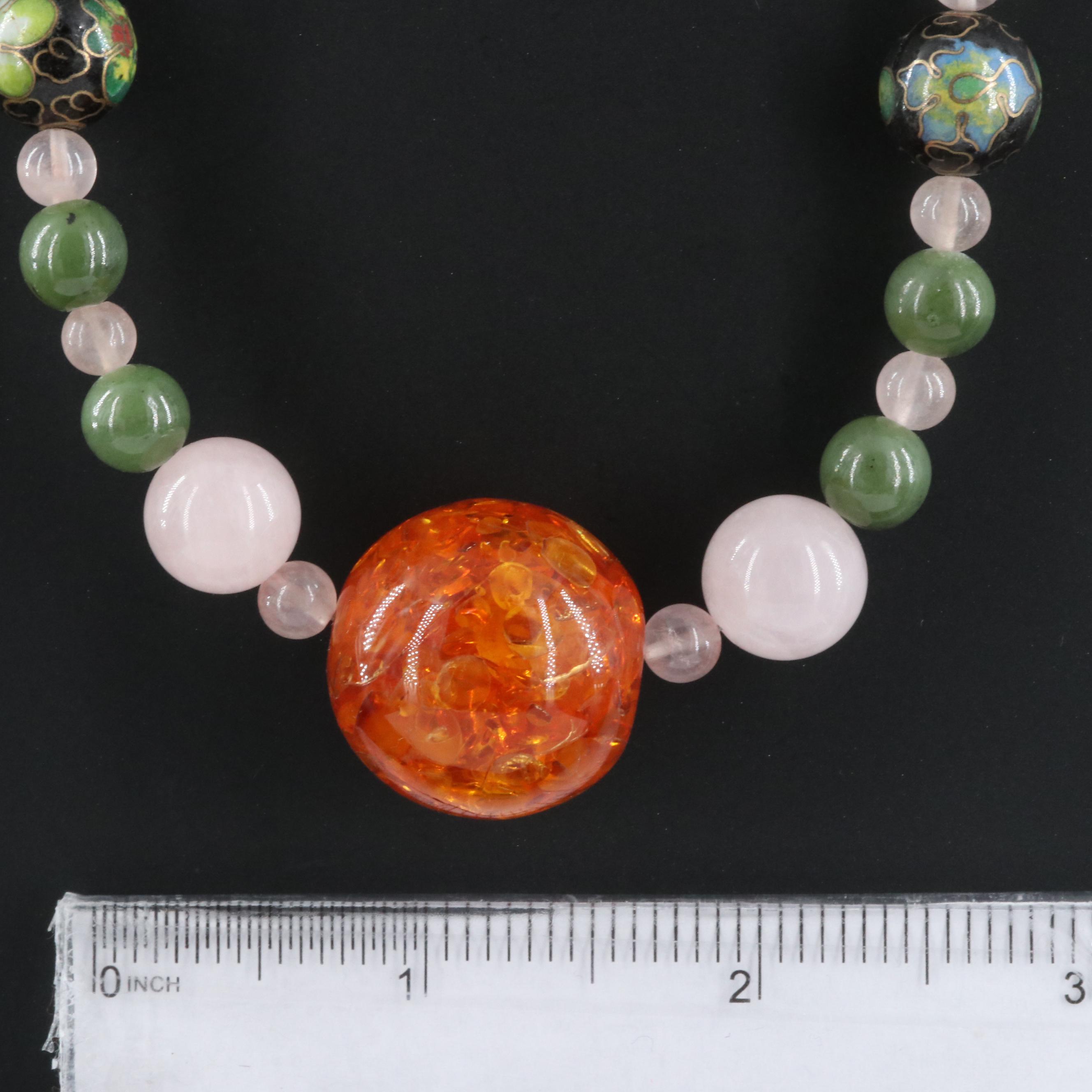 Bead Necklace Including Copal, Rose Quartz and Nephrite with Sterling Clasp
