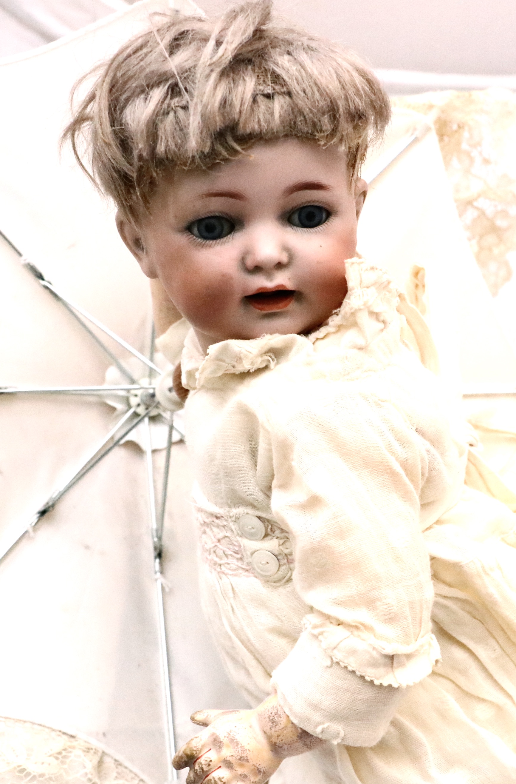 K Star R 122 Character Baby Doll with Victorian Ball and Stick Canopy Pram