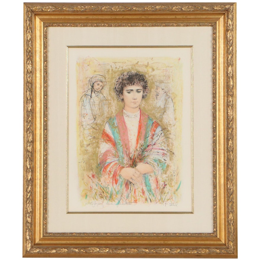 Edna Hibel Embellished Lithograph Portrait of Boy "Joseph"