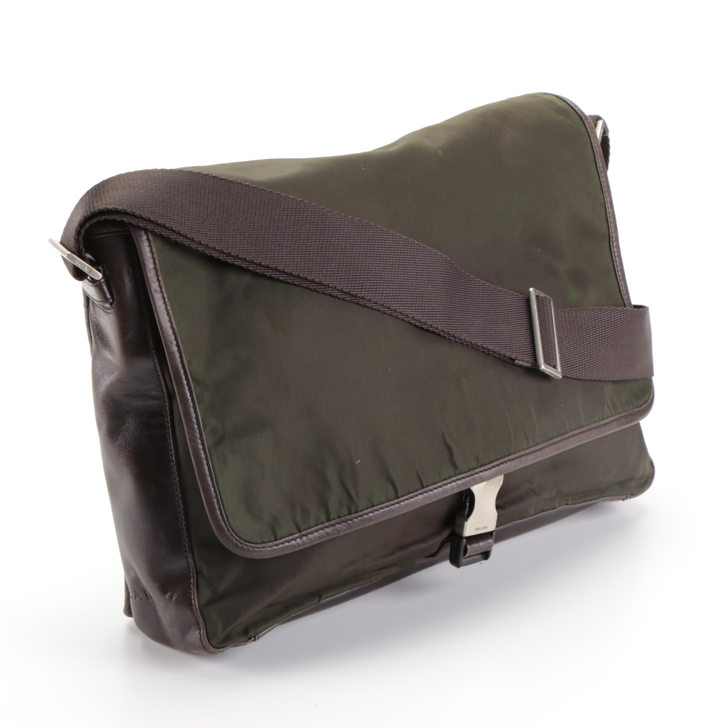Prada Messenger Bag in Green Nylon Tessuto and Brown Lambskin Leather