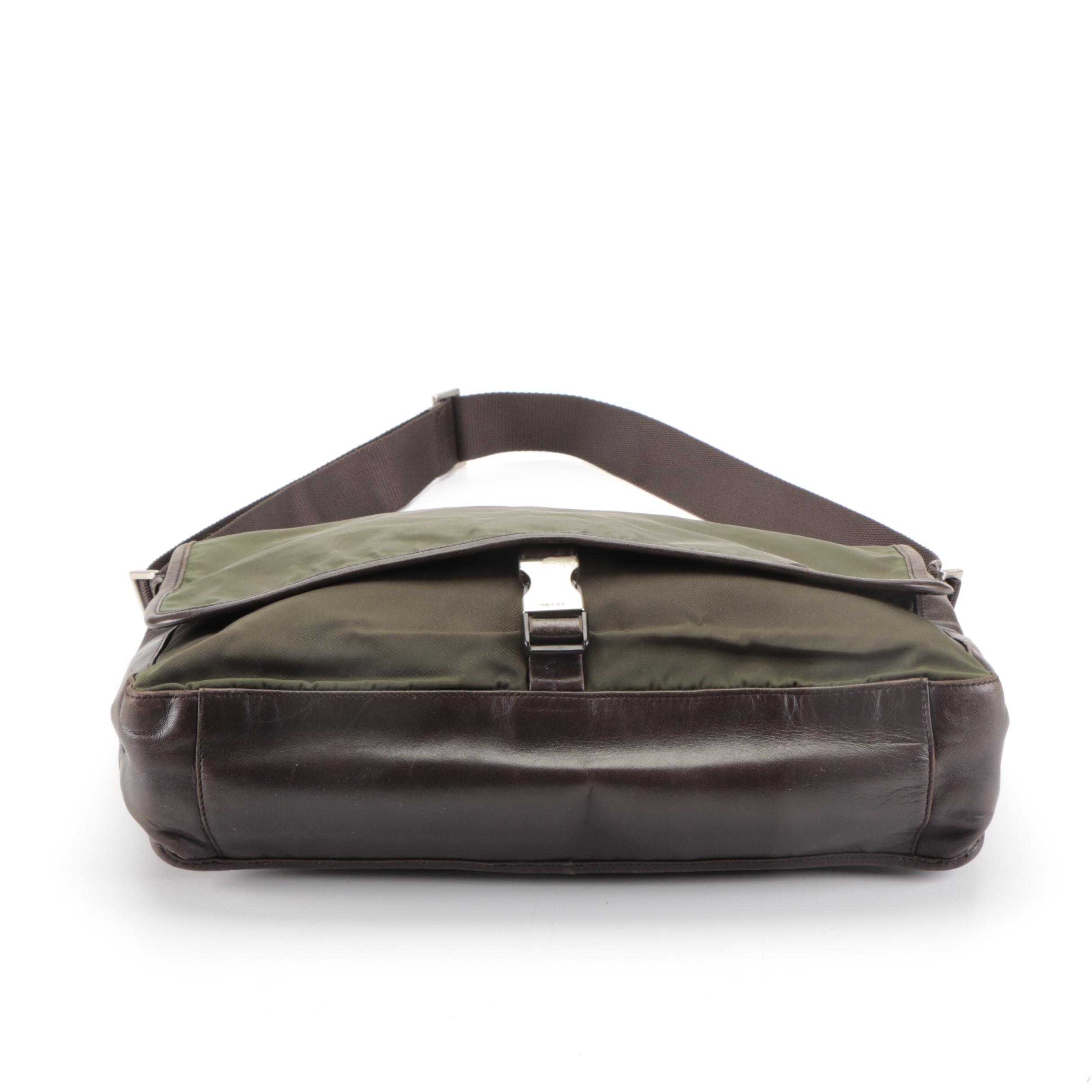 Prada Messenger Bag in Green Nylon Tessuto and Brown Lambskin Leather