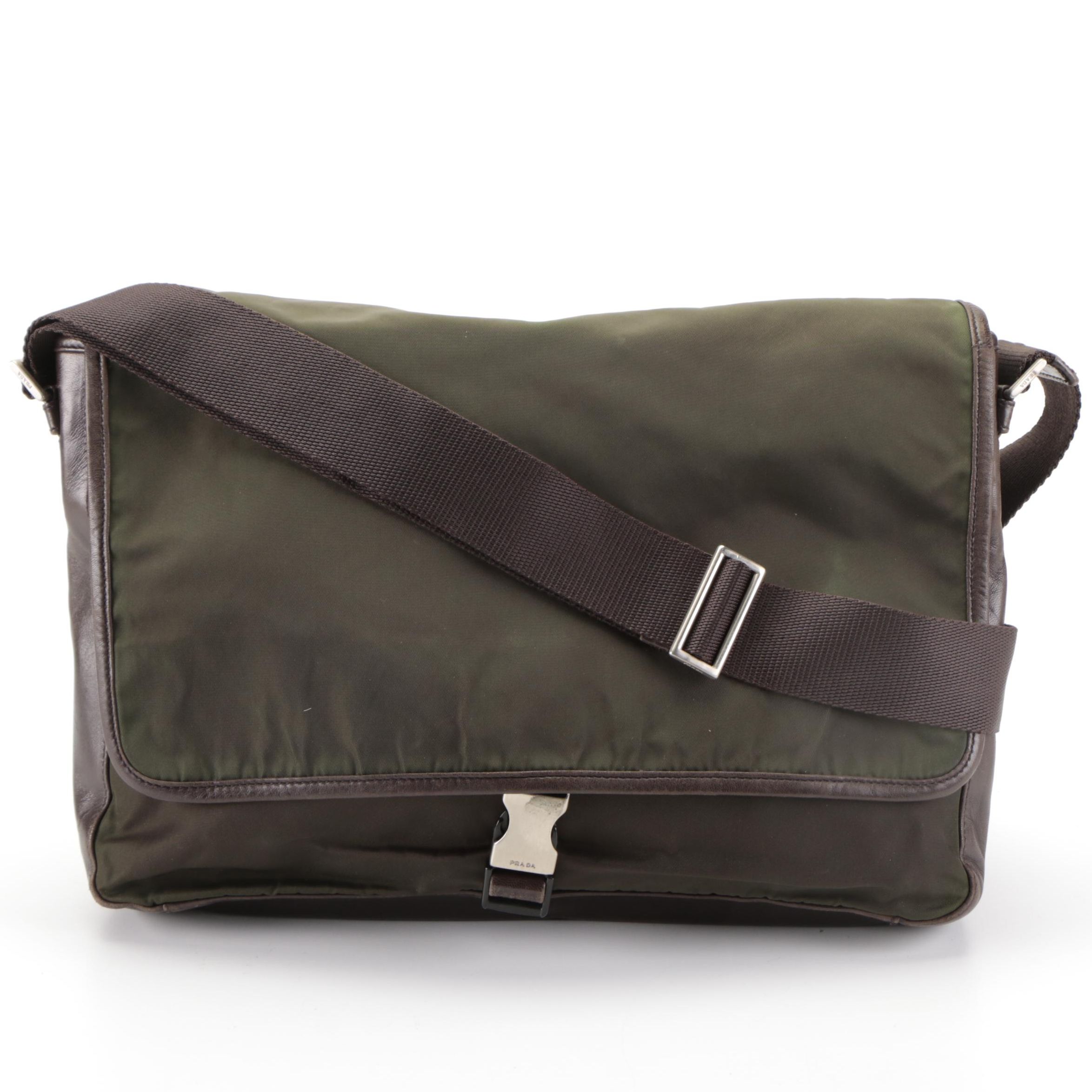 Prada Messenger Bag in Green Nylon Tessuto and Brown Lambskin Leather