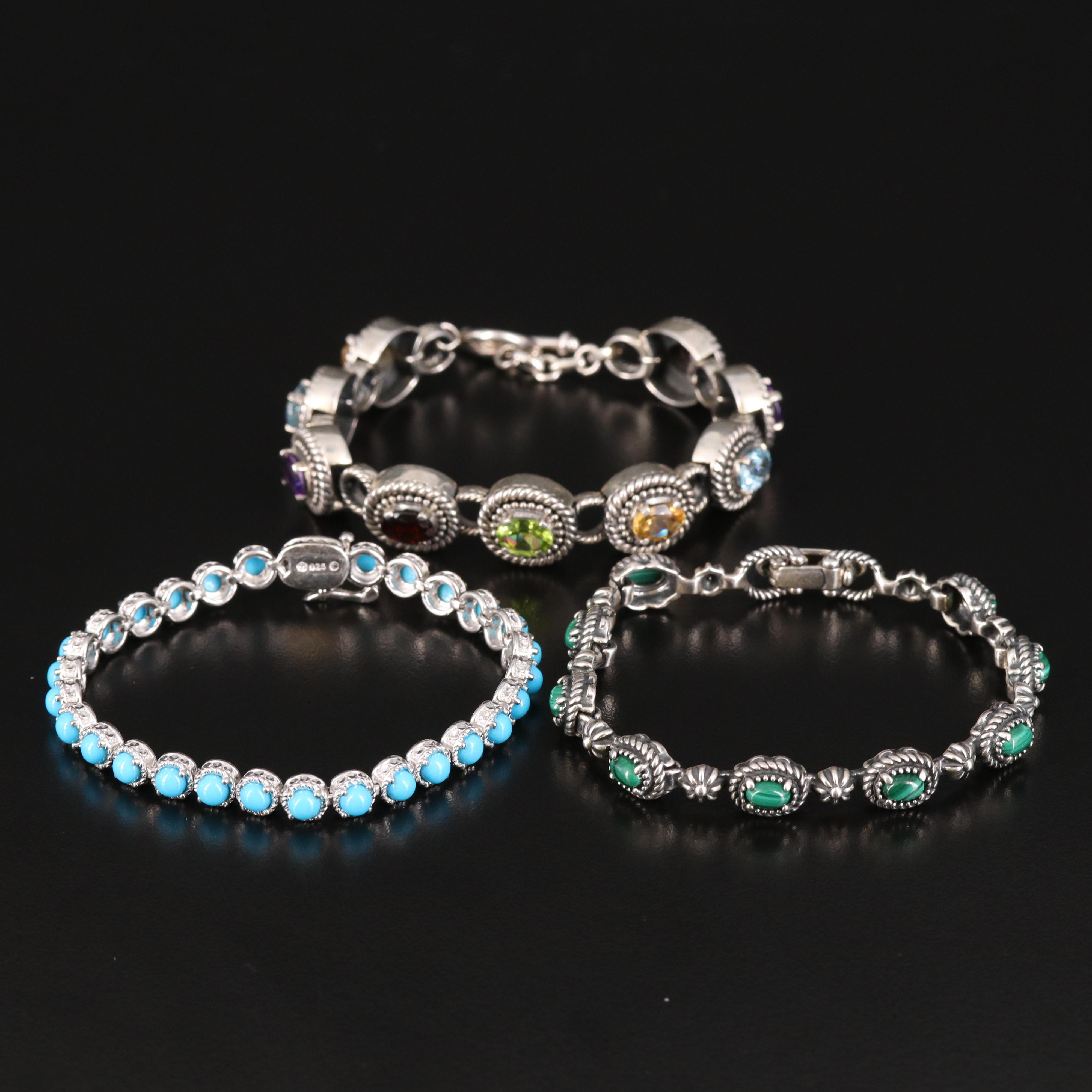 Trio of Sterling Line Bracelets with Malachite, Amethyst and Turquoise