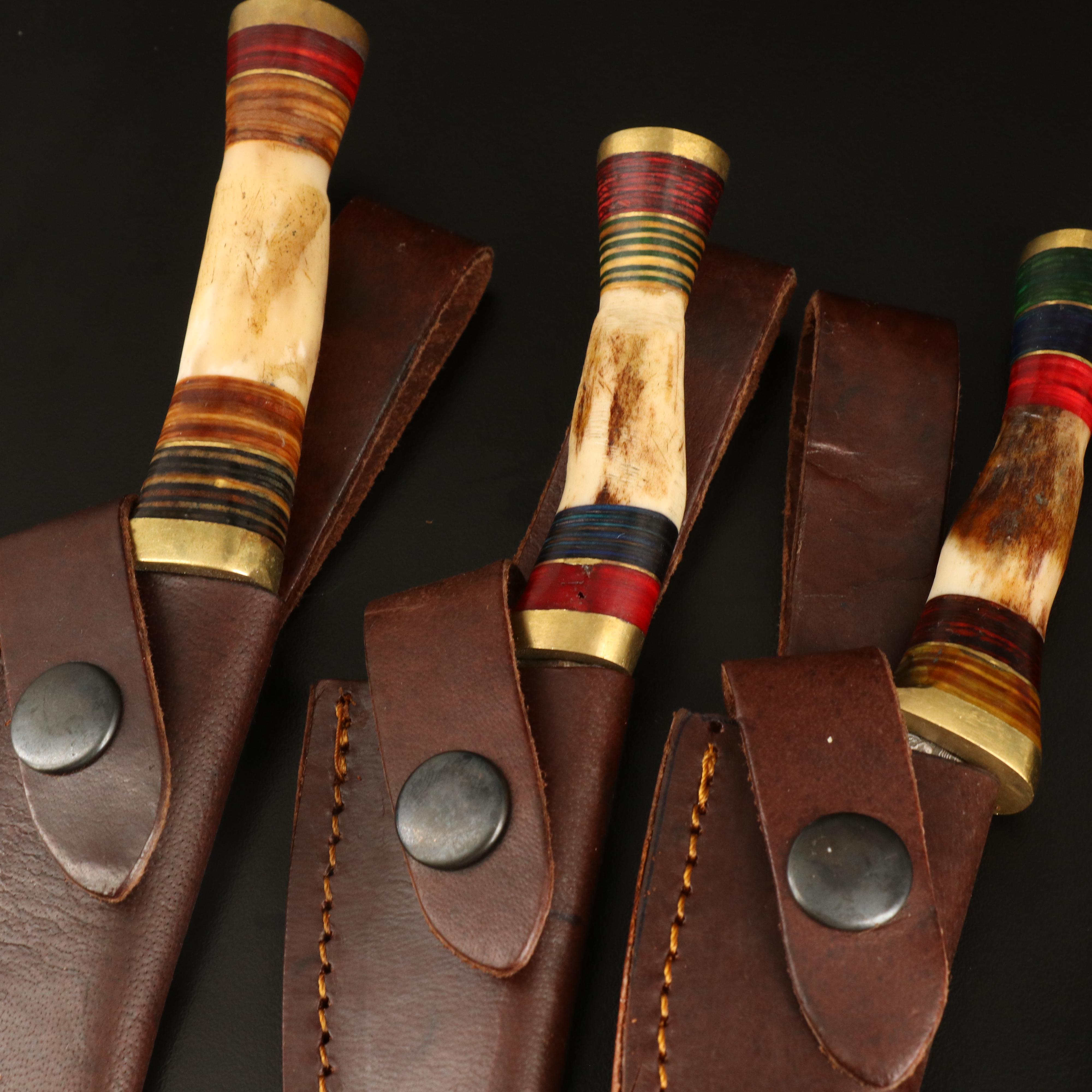 Damascus Steel Fixed Blade Antler Handled Knives with Leather Sheaths