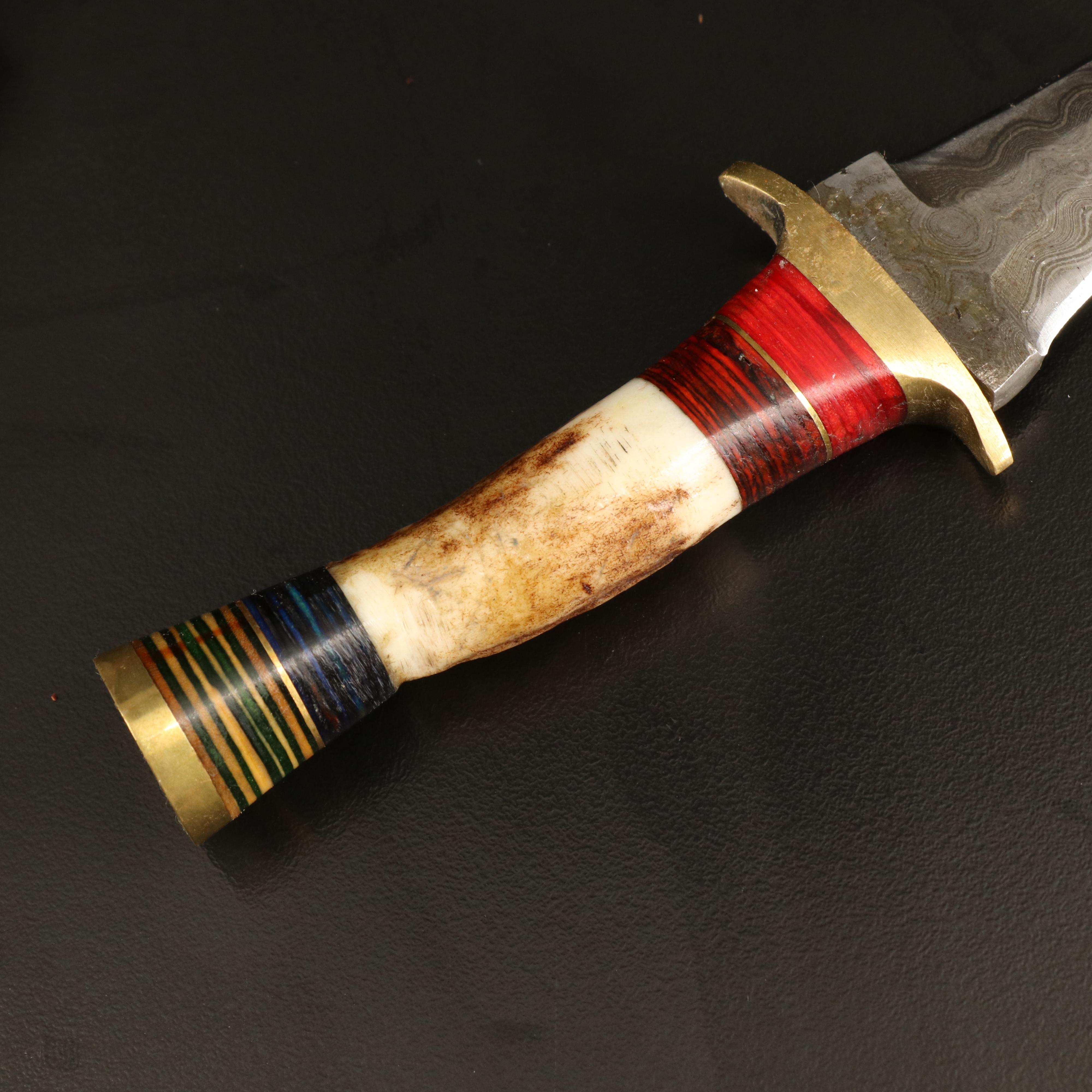 Damascus Steel Fixed Blade Antler Handled Knives with Leather Sheaths