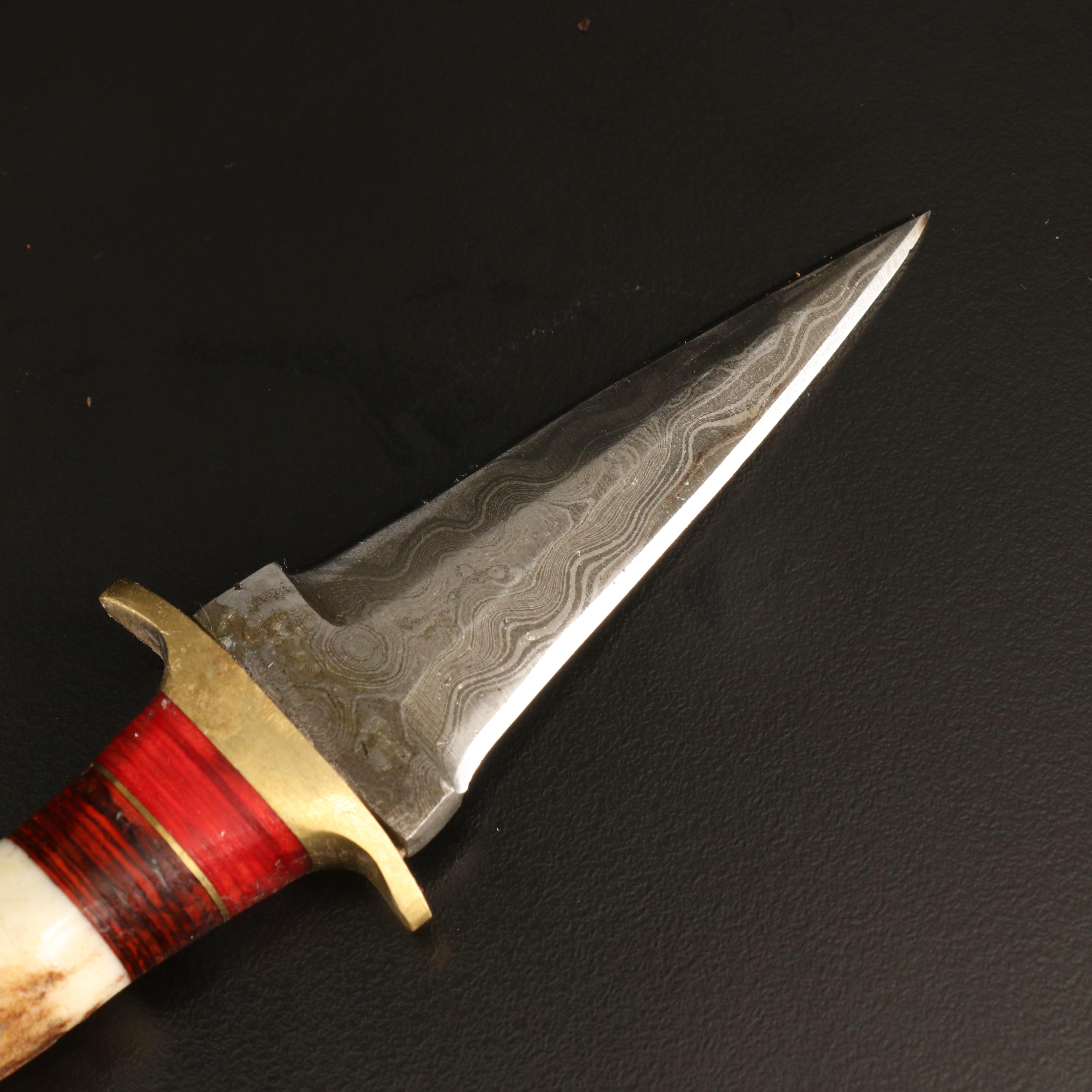 Damascus Steel Fixed Blade Antler Handled Knives with Leather Sheaths