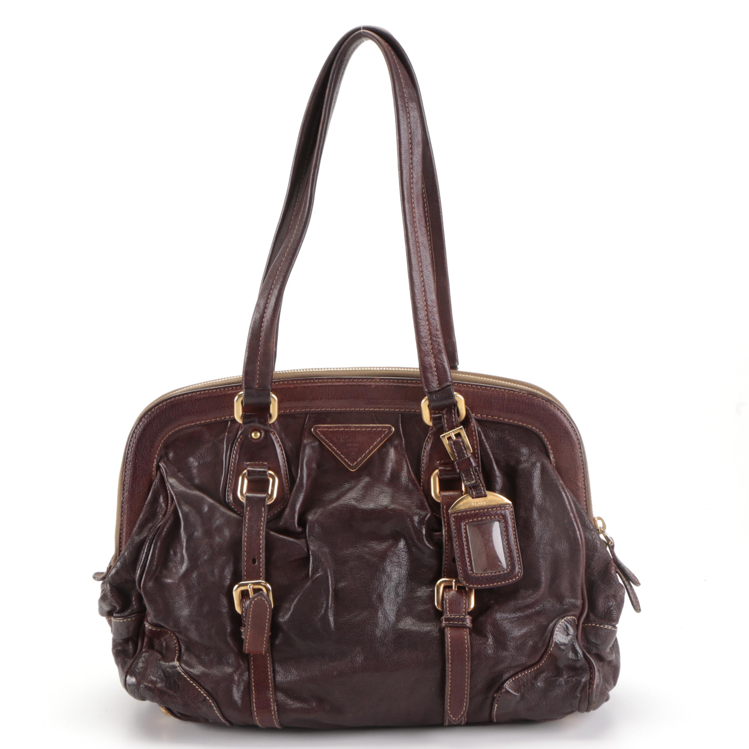 Prada Domed Hard Frame Zip Shoulder Bag in Mahogany Goatskin Leather