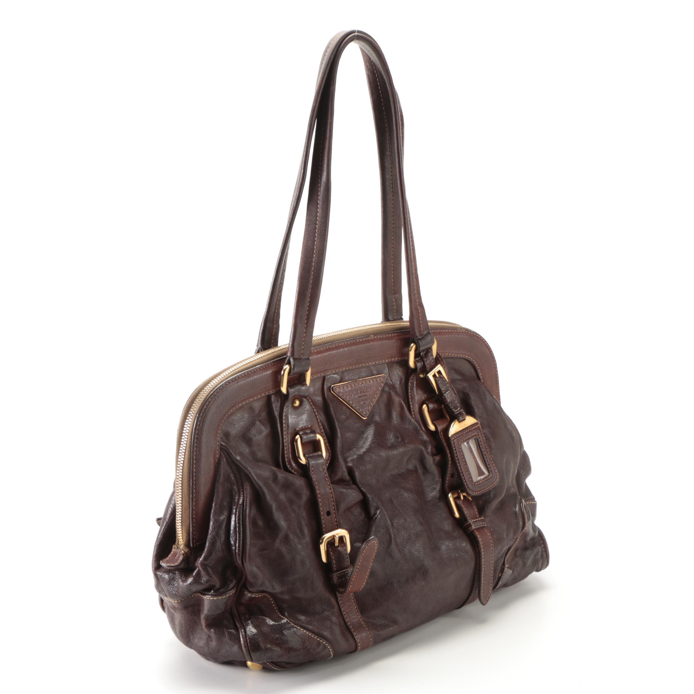 Prada Domed Hard Frame Zip Shoulder Bag in Mahogany Goatskin Leather