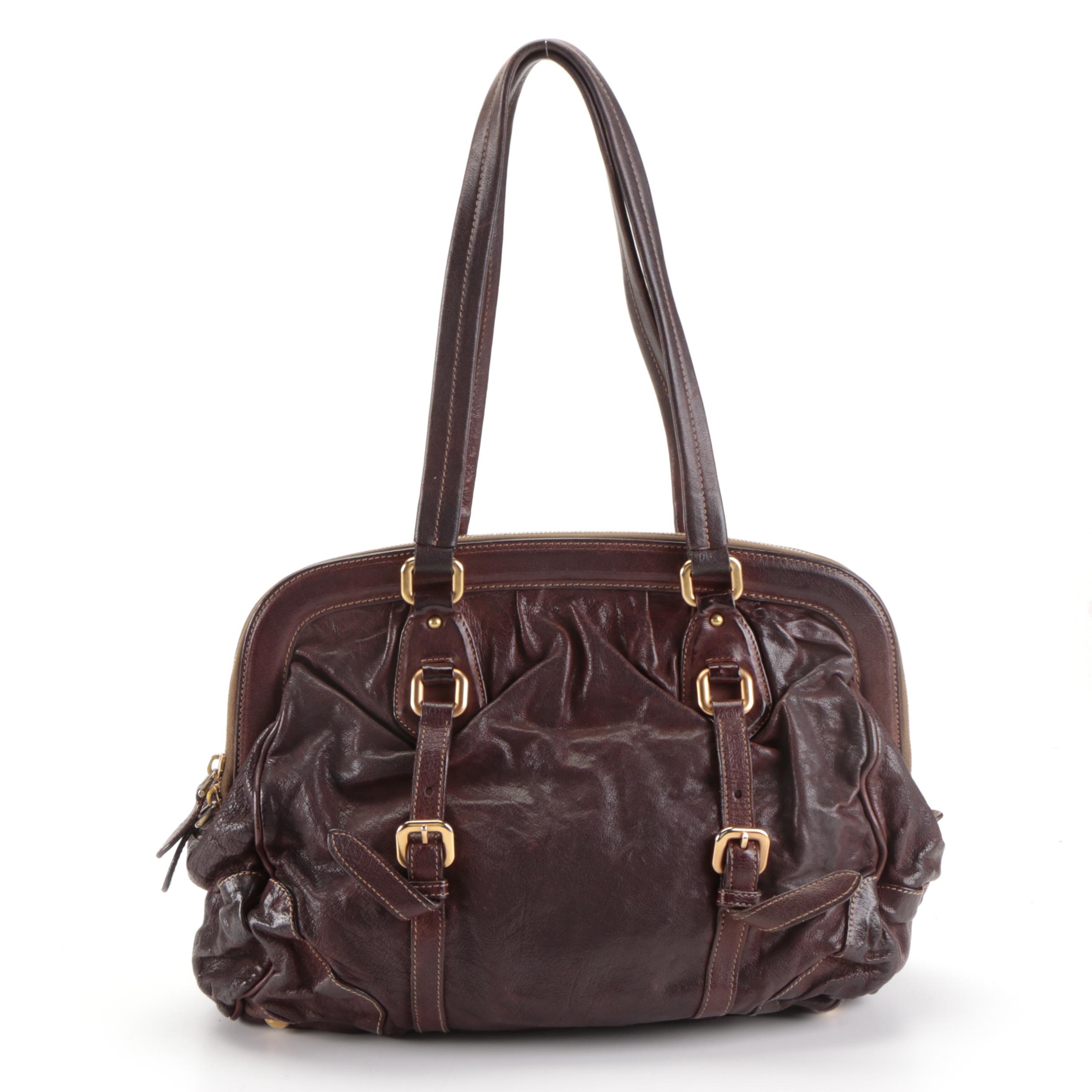 Prada Domed Hard Frame Zip Shoulder Bag in Mahogany Goatskin Leather