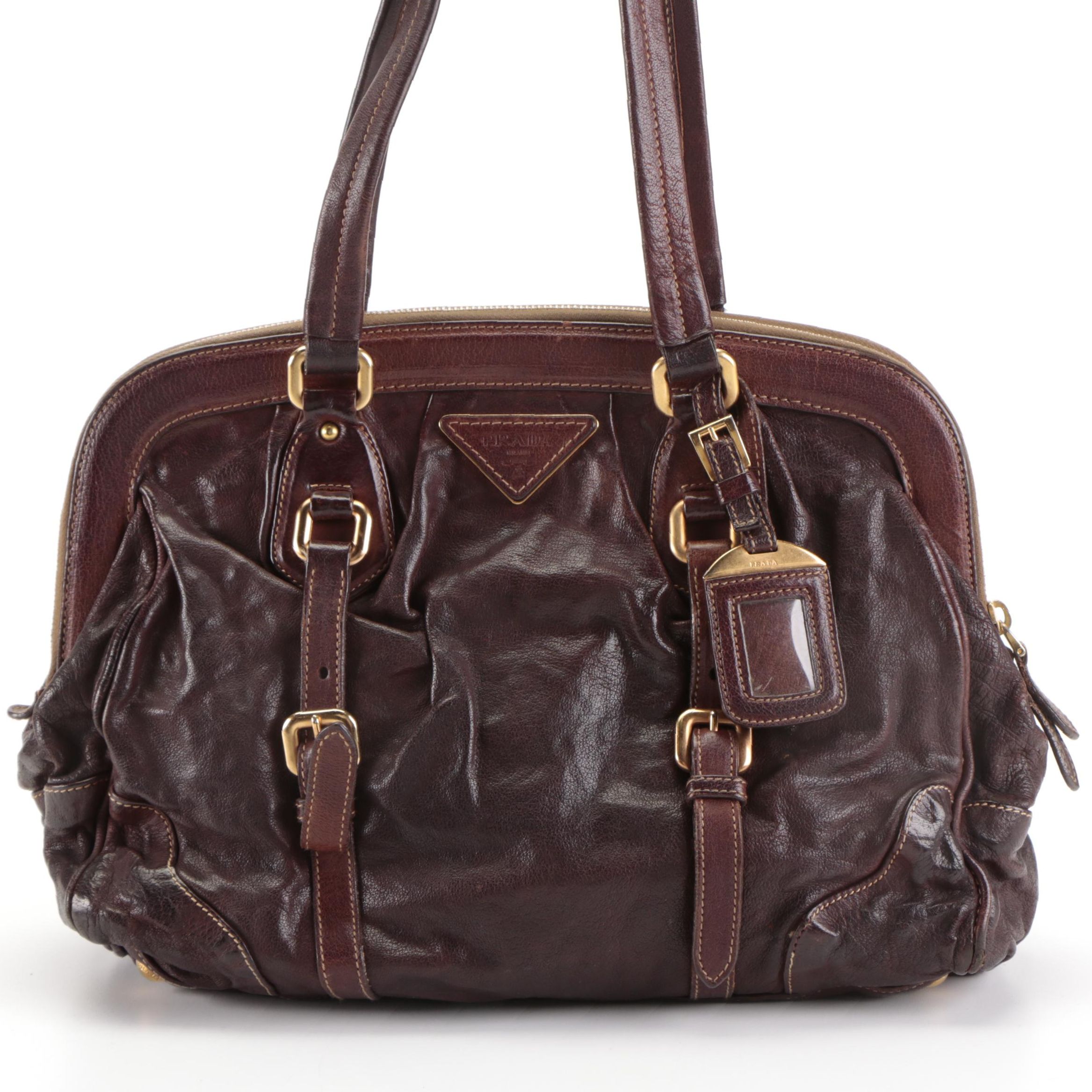 Prada Domed Hard Frame Zip Shoulder Bag in Mahogany Goatskin Leather