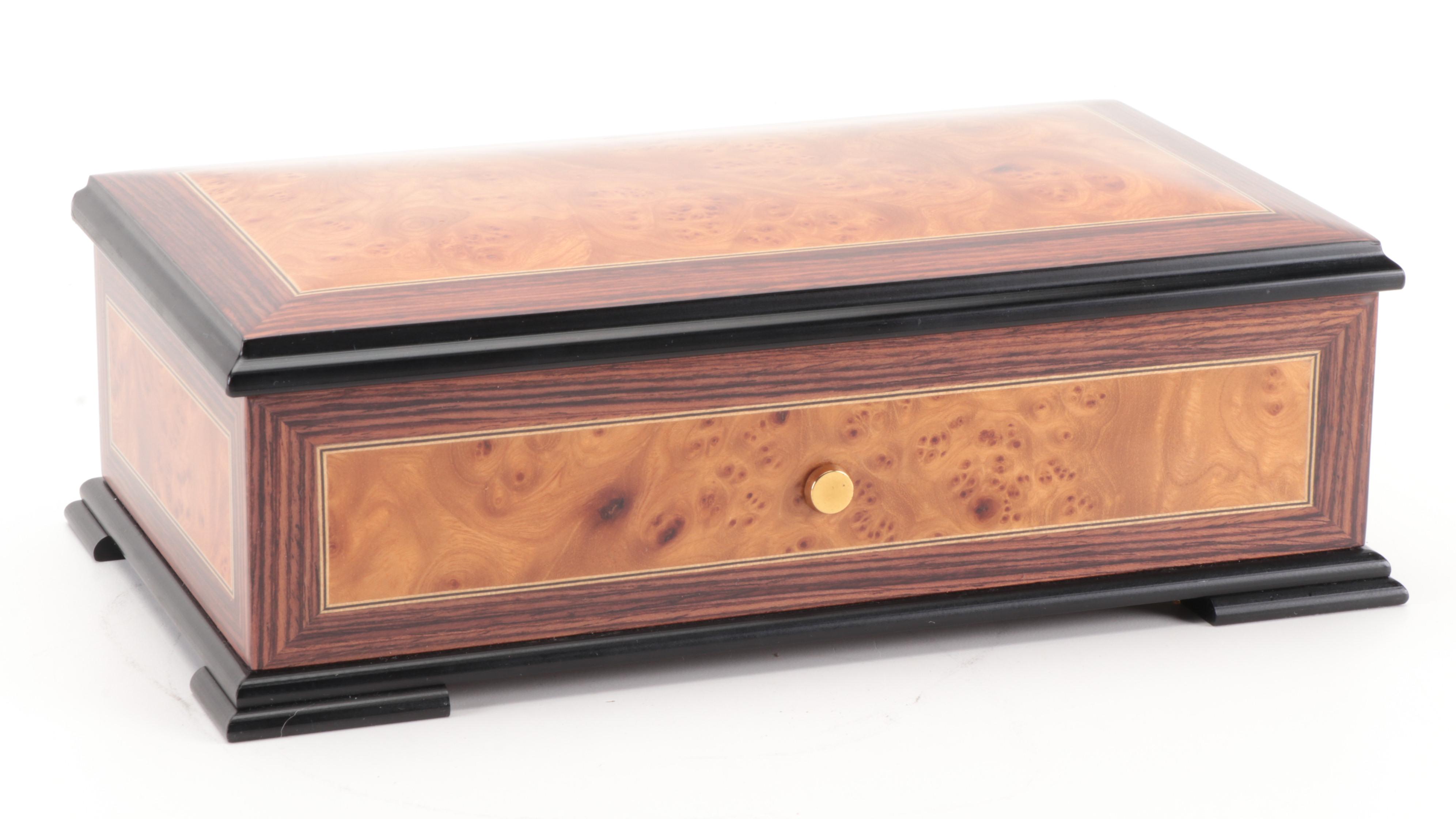 San Francisco Music Box Co. Zebrawood and Maple Birdseye Veneer Music Box