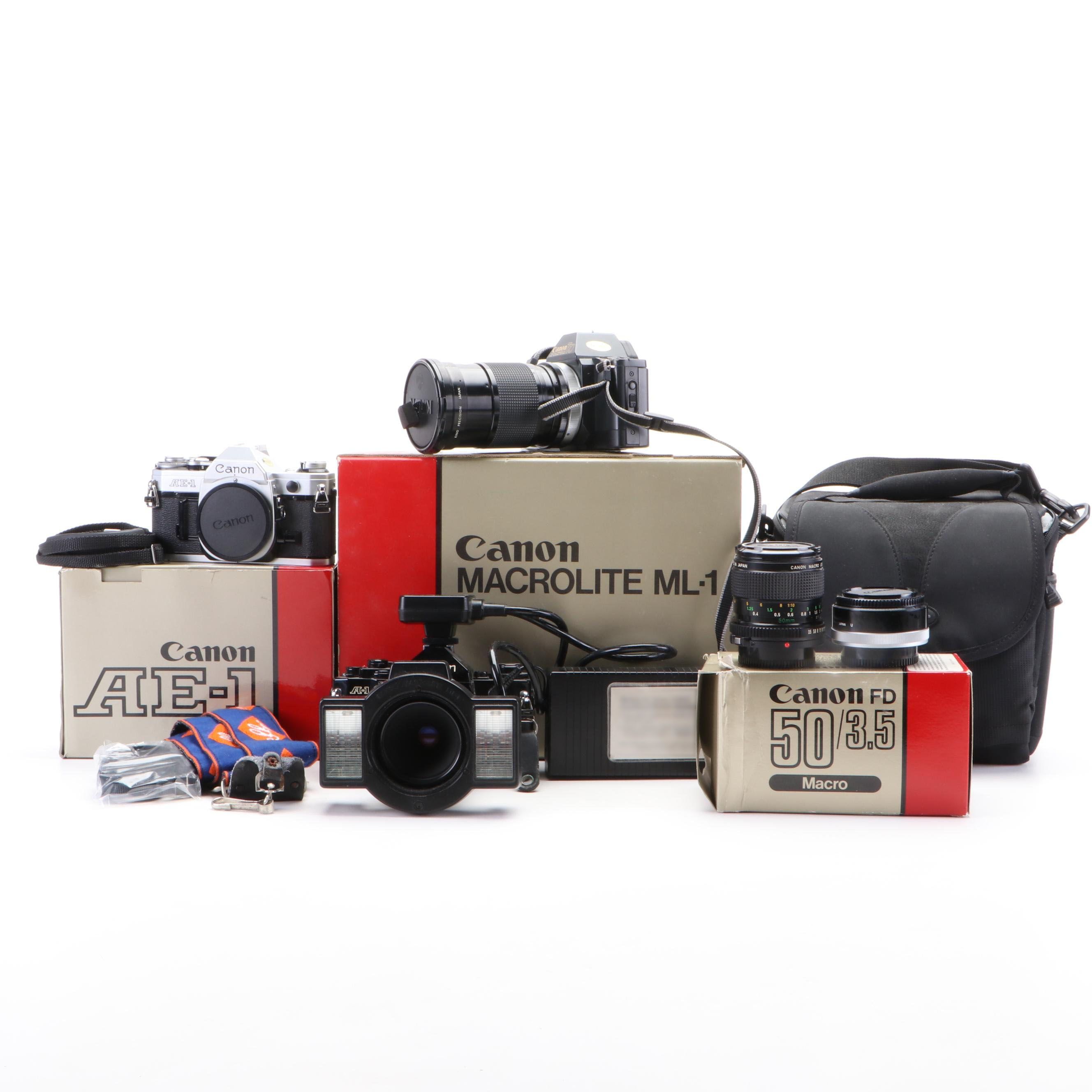 Canon AE-1, Macrolite ML-1 Light, FD 50mm Macro Lens and Other Accessories