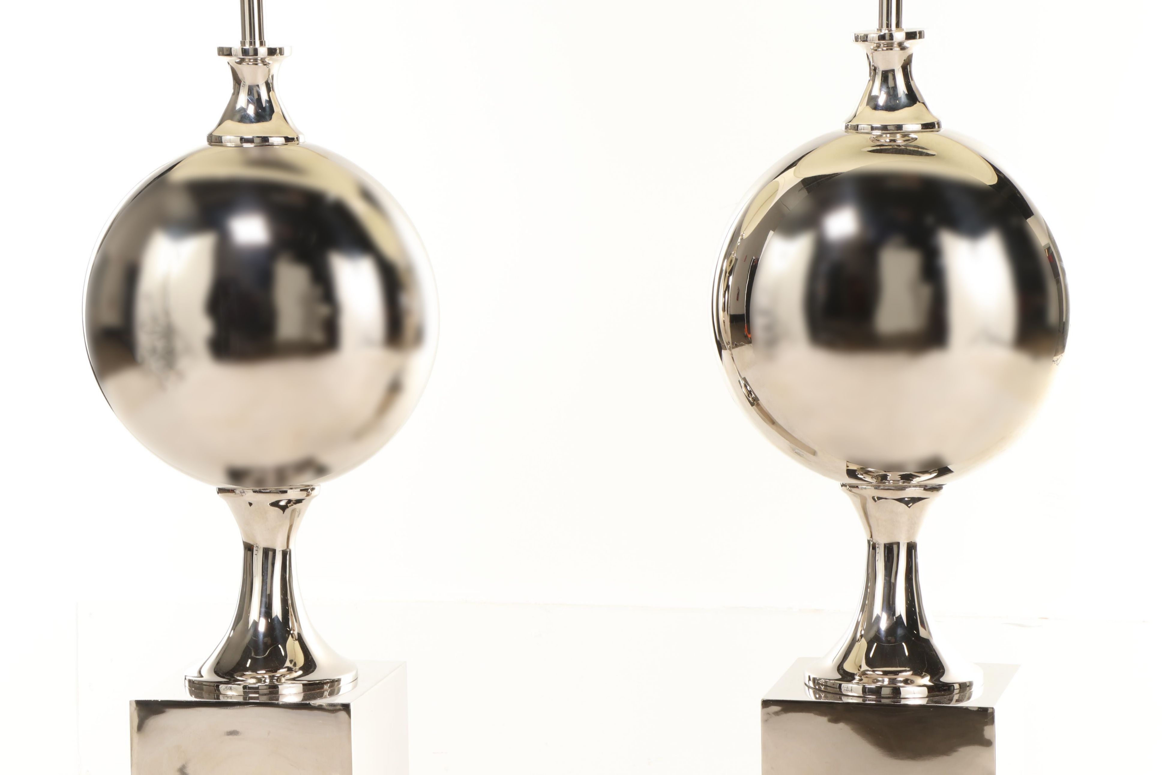 Pair of "Big Pill" Large-Scale Chrome Ball on Pedestal Floor Lamps