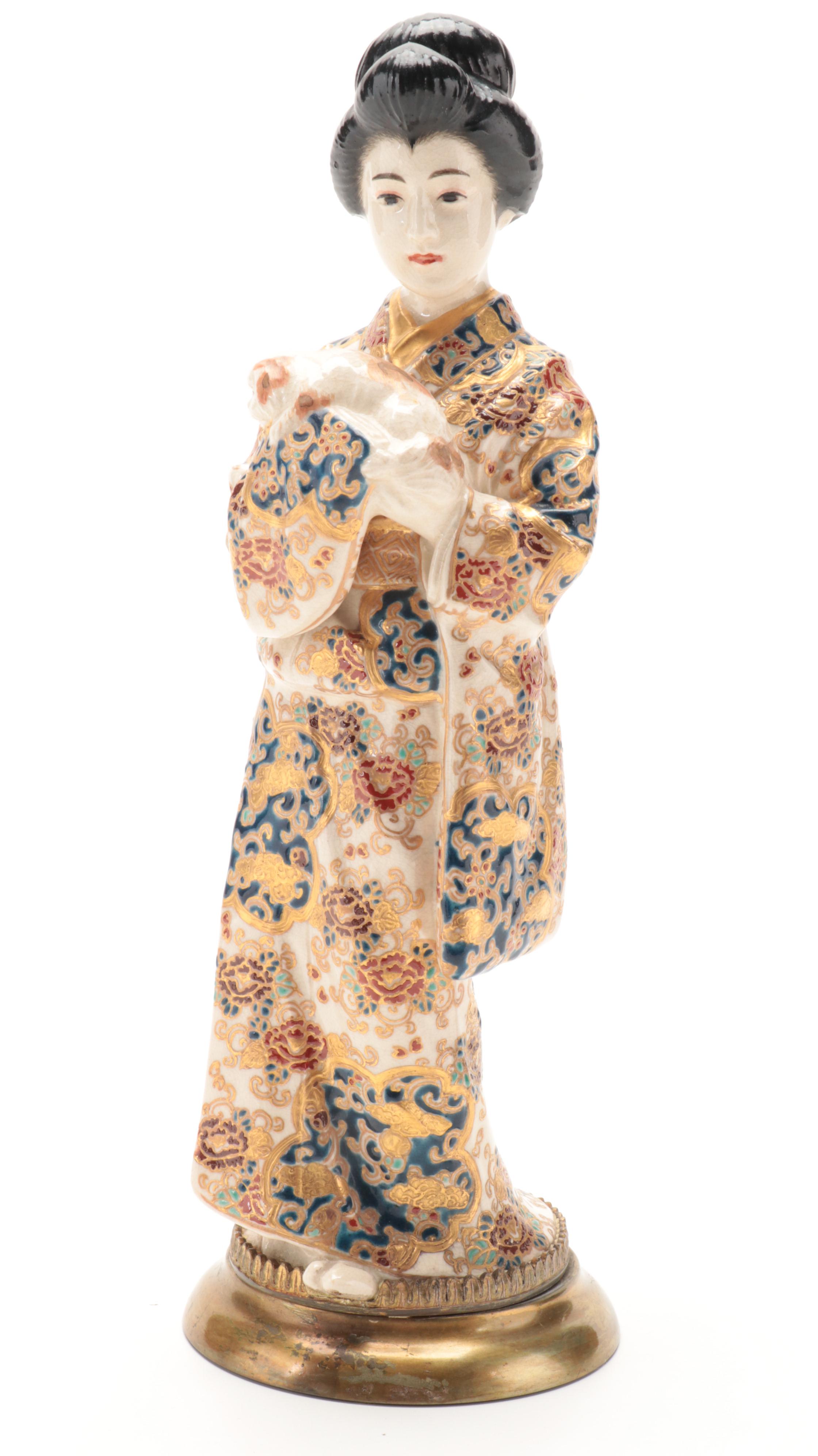 Chinese Hand-Painted Porcelain Figurines of Court Women with Japanese Figurine