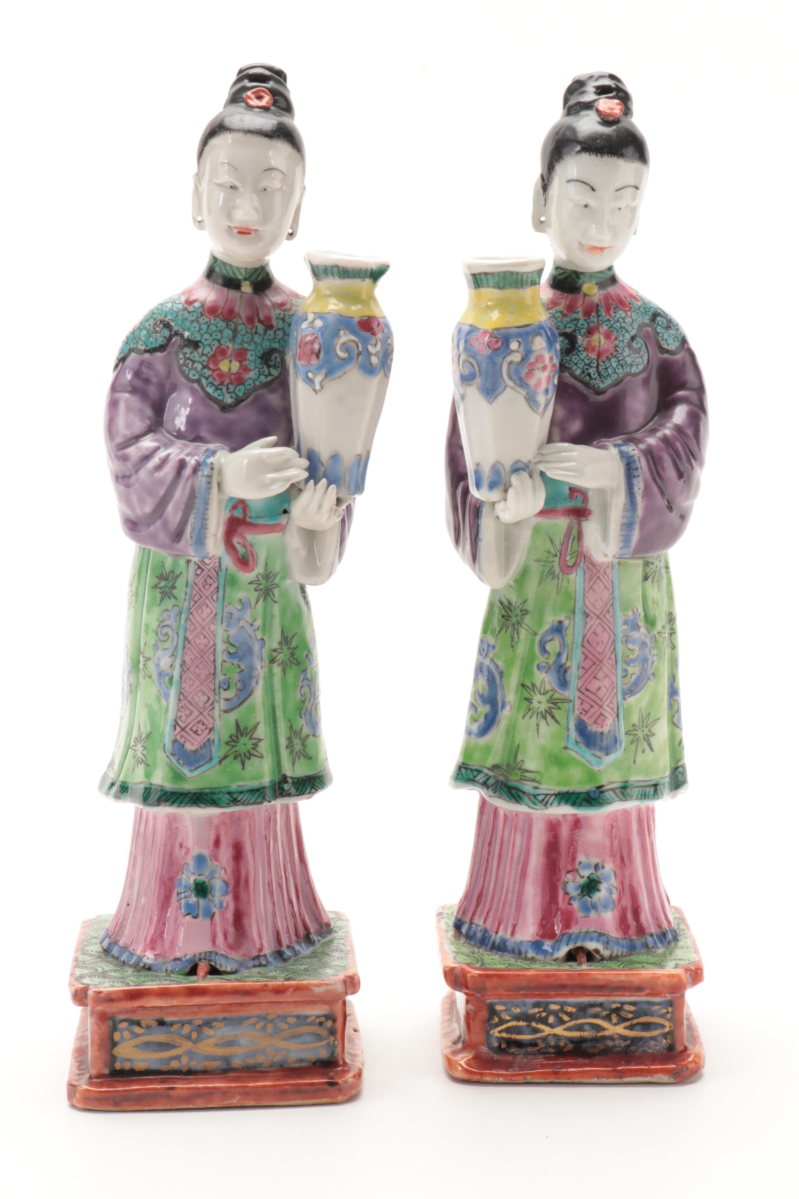 Chinese Hand-Painted Porcelain Figurines of Court Women with Japanese Figurine