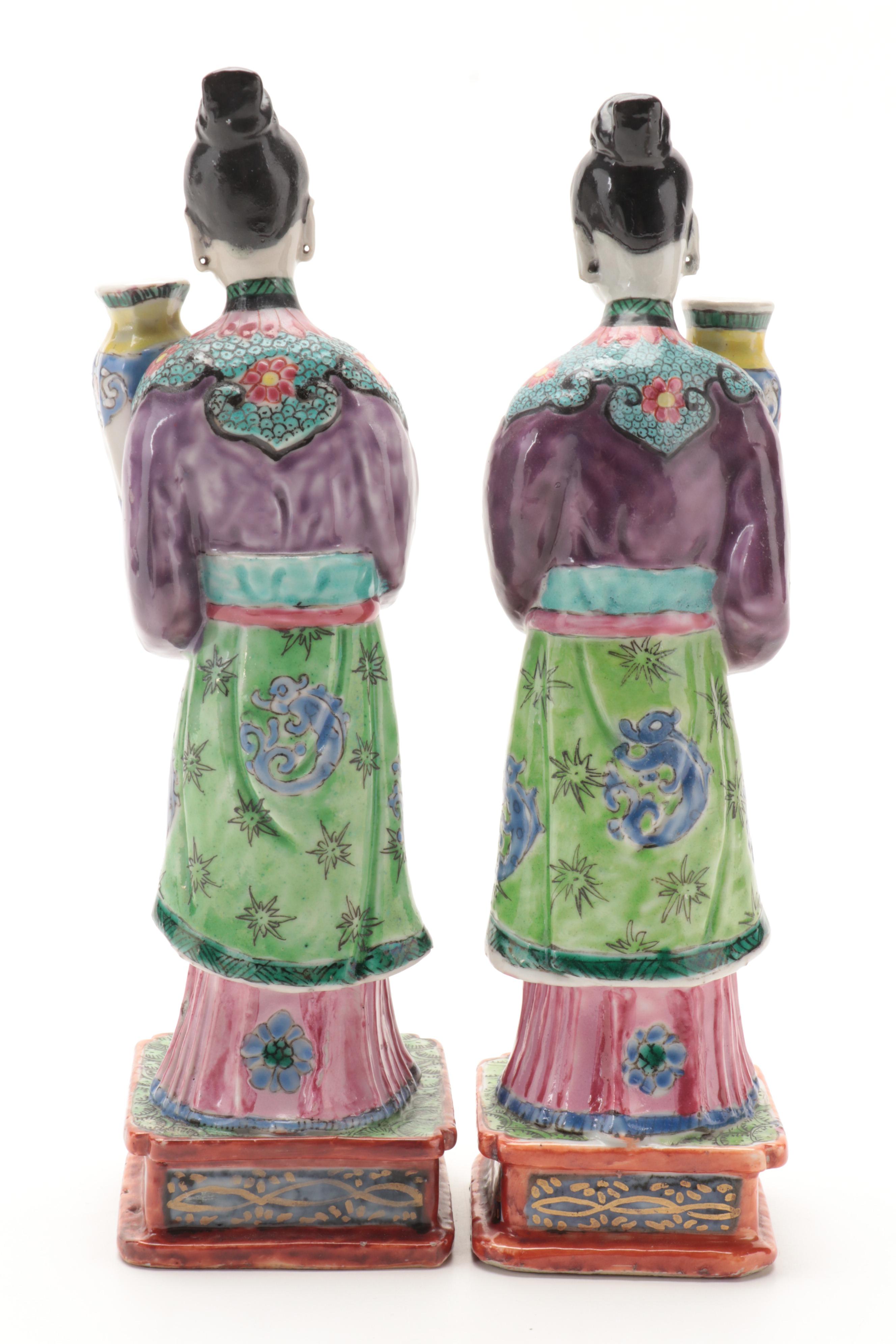 Chinese Hand-Painted Porcelain Figurines of Court Women with Japanese Figurine