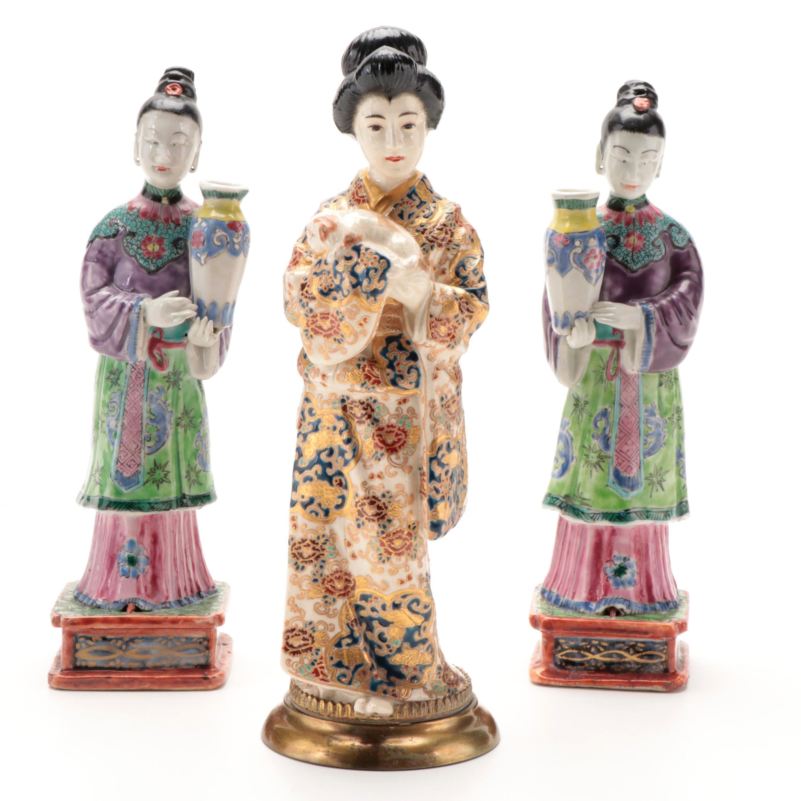 Chinese Hand-Painted Porcelain Figurines of Court Women with Japanese Figurine
