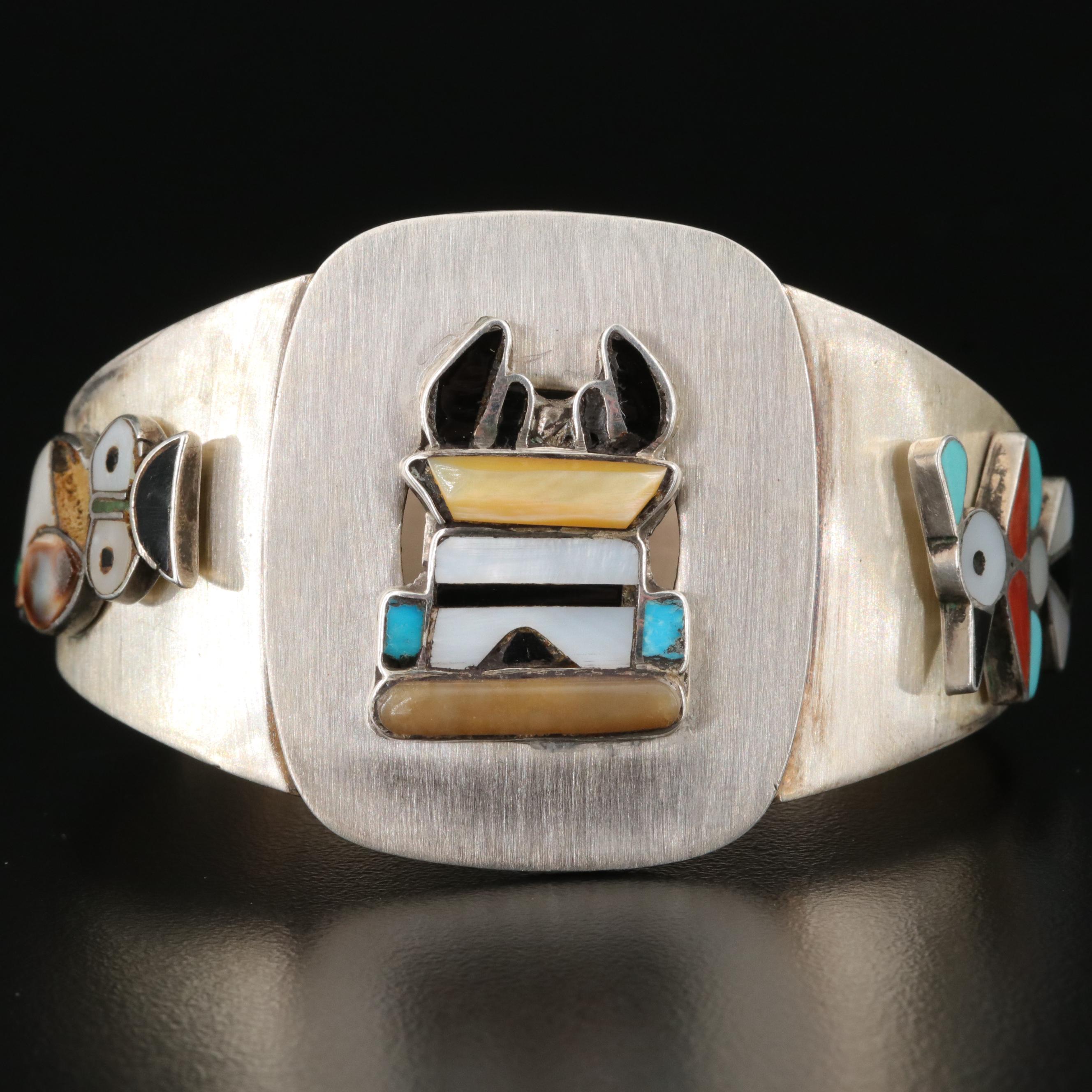 Southwestern Sterling Mother of Pearl, Coral and Turquoise Bracelet